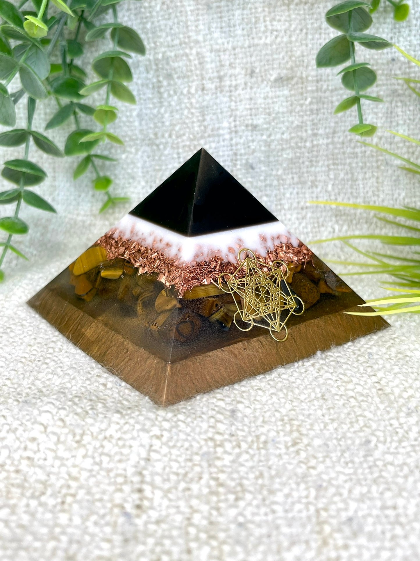WREN - Orgonite Pyramid - EMF Protector - Tiger's Eye Crystal and Copper Metal