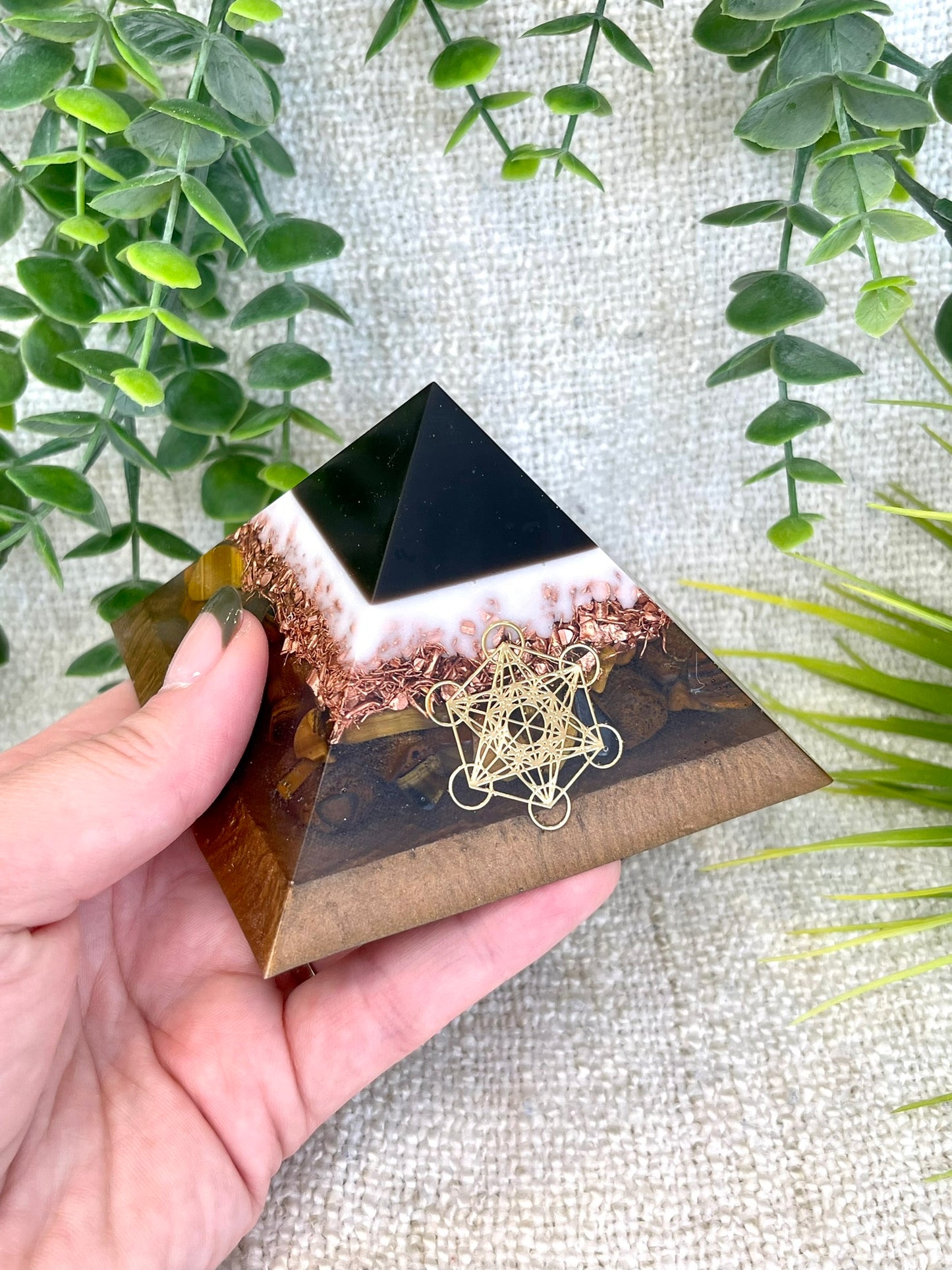 WREN - Orgonite Pyramid - EMF Protector - Tiger's Eye Crystal and Copper Metal