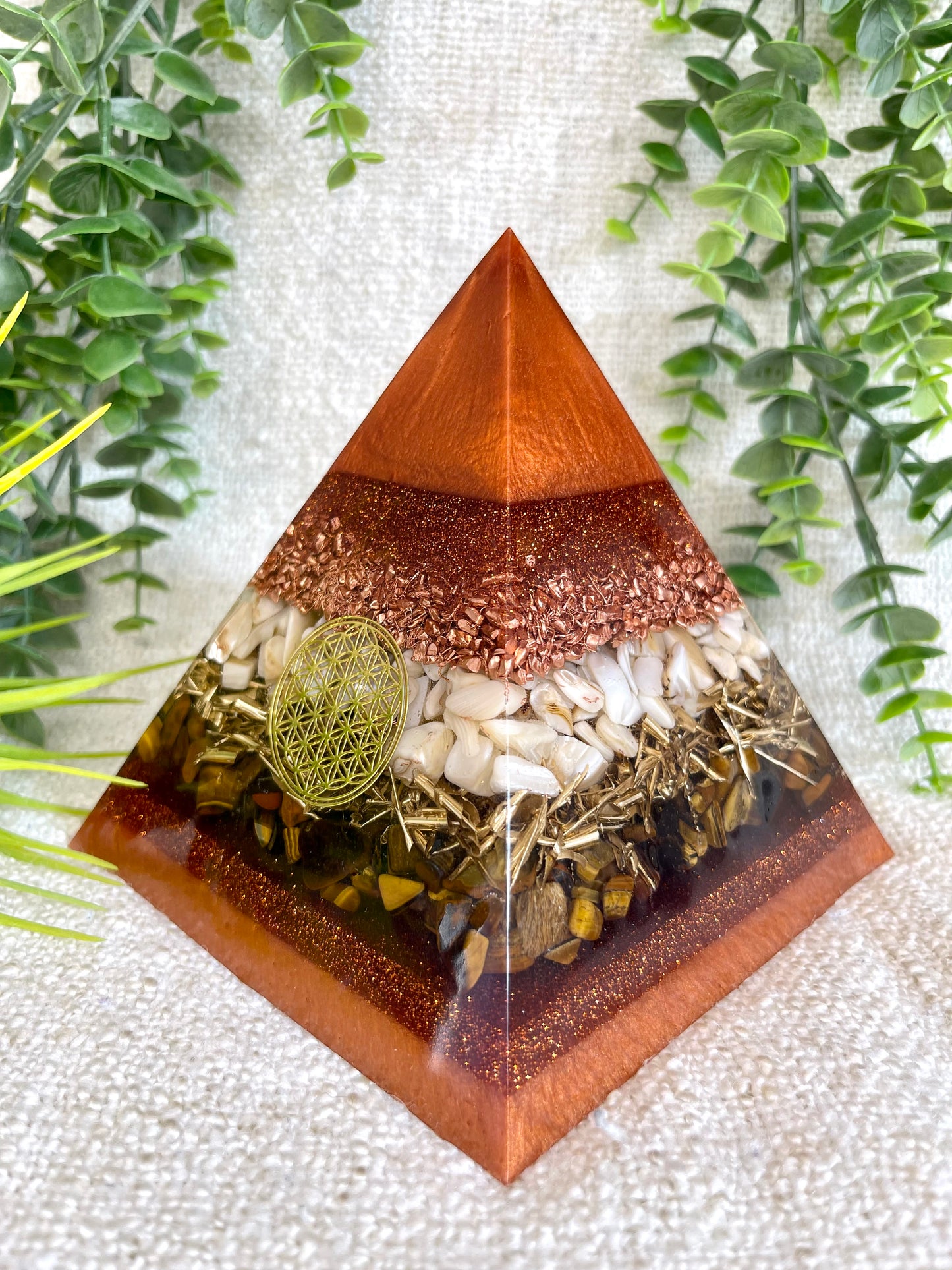 RUTH - Orgonite Pyramid - EMF Protector - Tiger's Eye Crystal, Seashell and Copper and Brass metals
