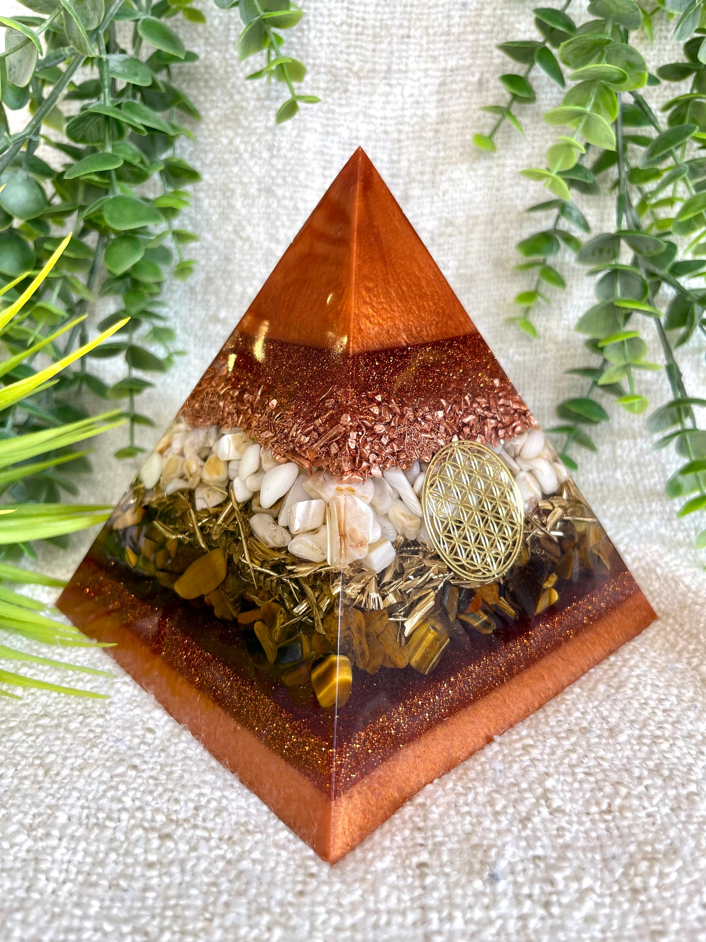 RUTH - Orgonite Pyramid - EMF Protector - Tiger's Eye Crystal, Seashell and Copper and Brass metals