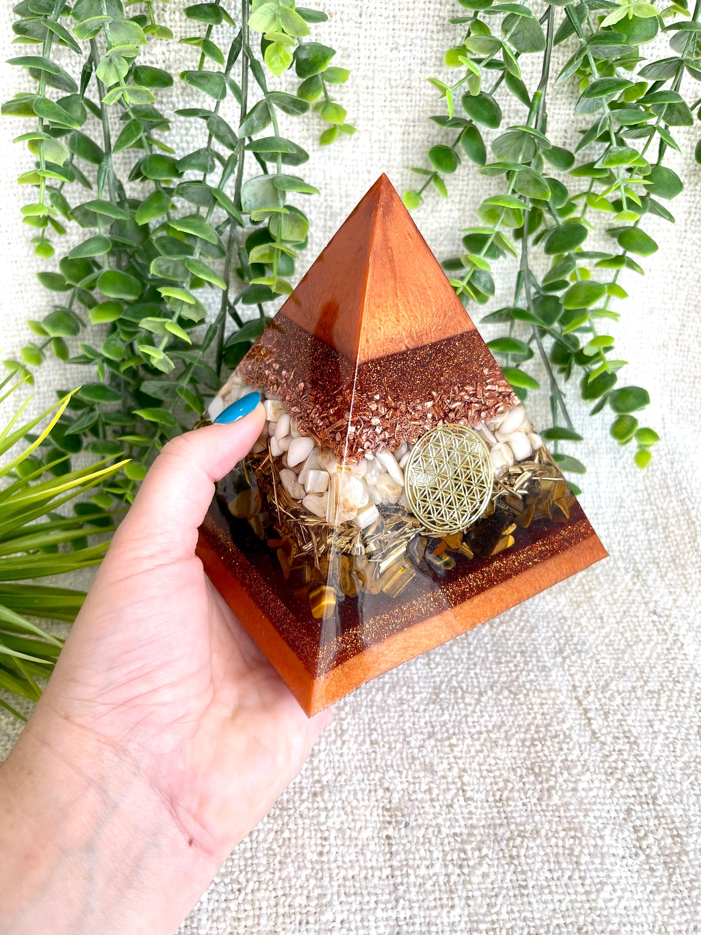 RUTH - Orgonite Pyramid - EMF Protector - Tiger's Eye Crystal, Seashell and Copper and Brass metals