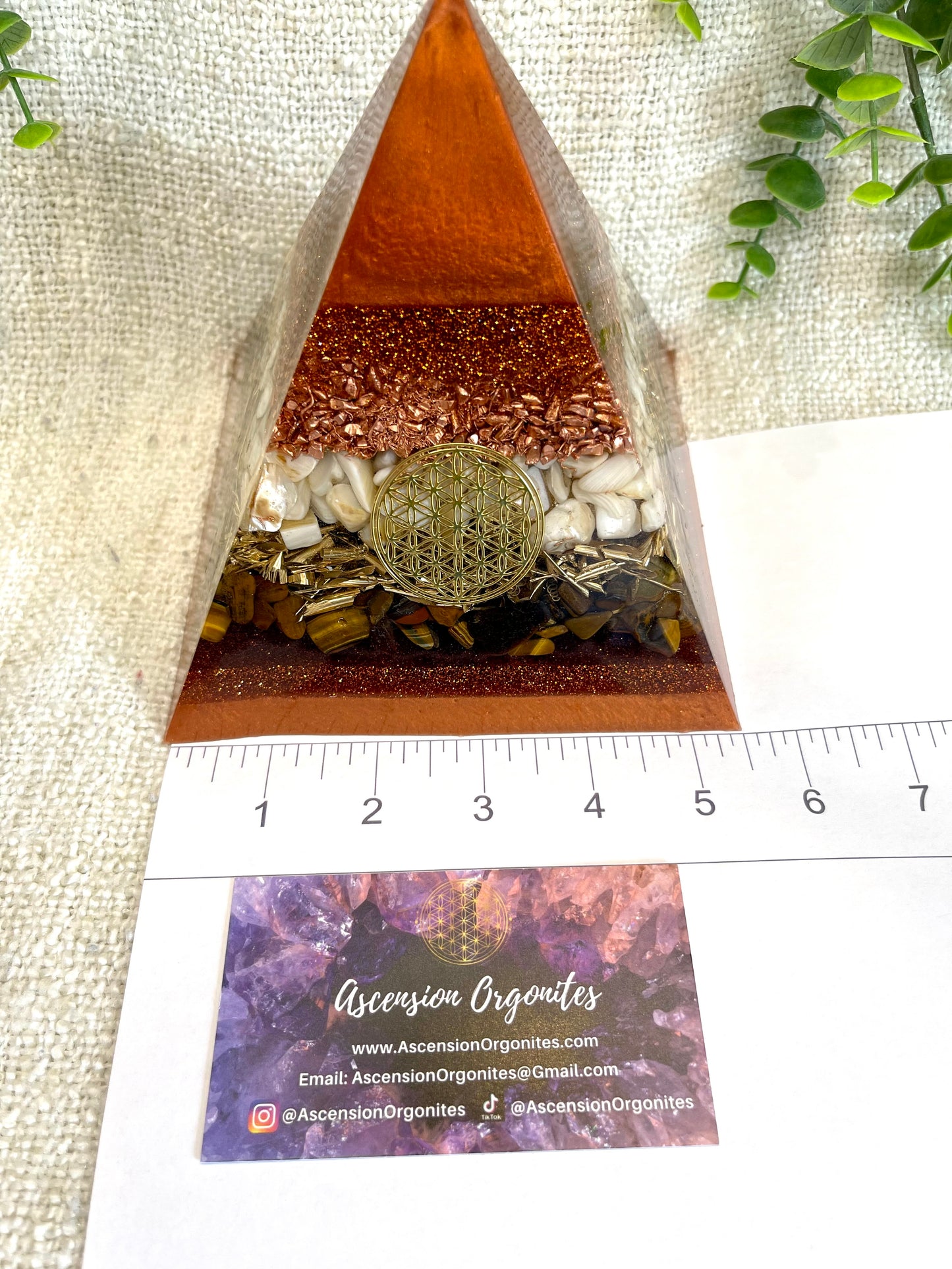 RUTH - Orgonite Pyramid - EMF Protector - Tiger's Eye Crystal, Seashell and Copper and Brass metals