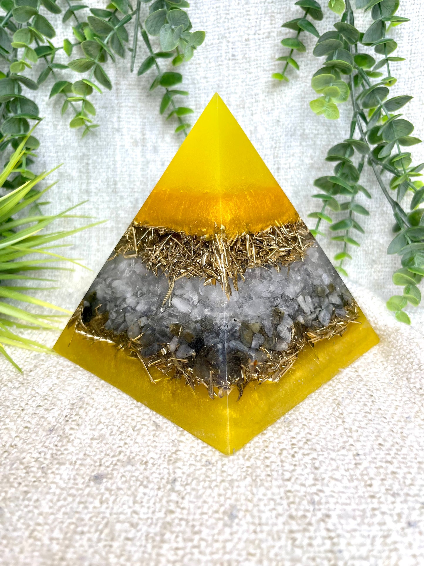 PAOLA- Orgonite Pyramid - EMF Protector - White Quartz, Labradorite Quartz and Brass Metal