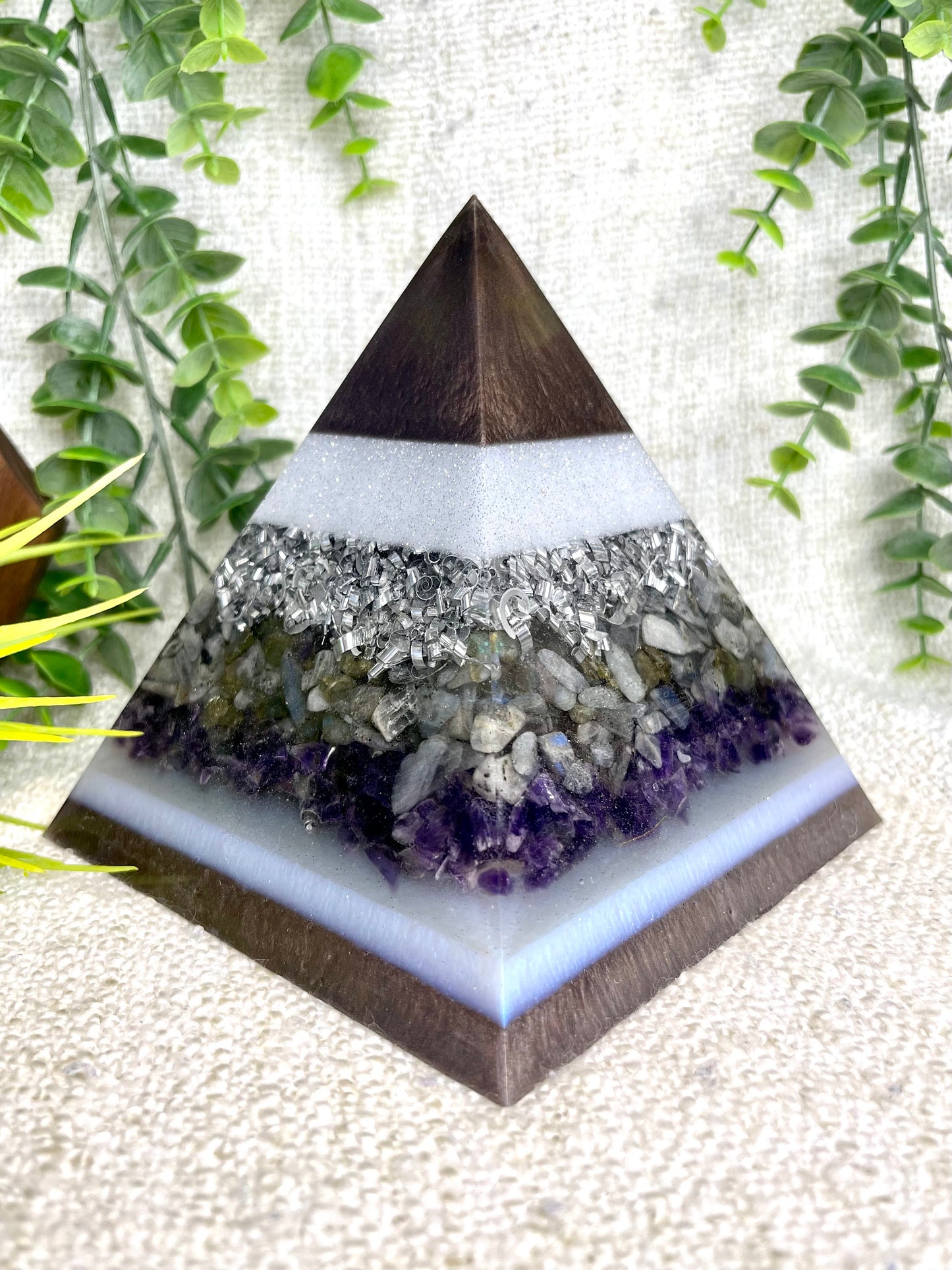 ANDREA - Orgonite Pyramid - EMF Protector - Labradorite Quartz, Amethyst Crystals and Aluminum Metal