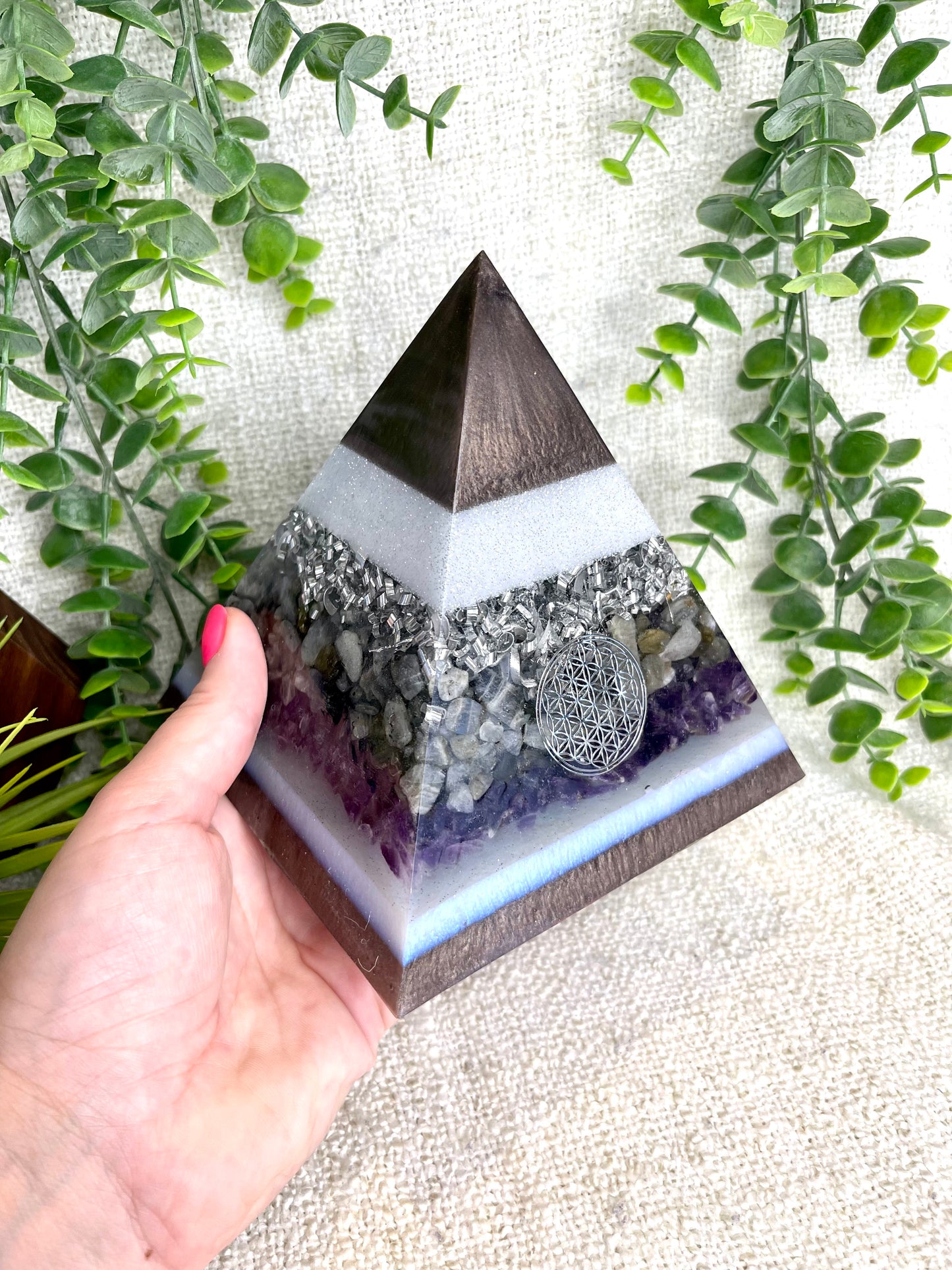 ANDREA - Orgonite Pyramid - EMF Protector - Labradorite Quartz, Amethyst Crystals and Aluminum Metal