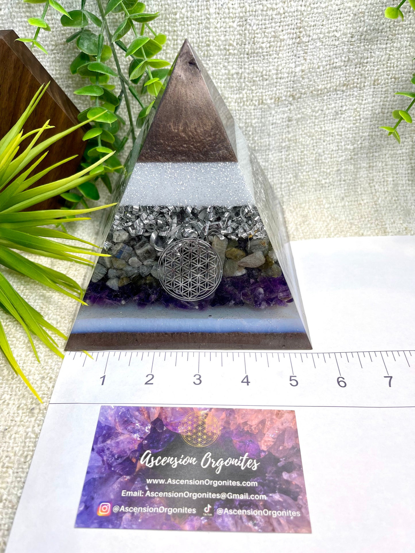 ANDREA - Orgonite Pyramid - EMF Protector - Labradorite Quartz, Amethyst Crystals and Aluminum Metal