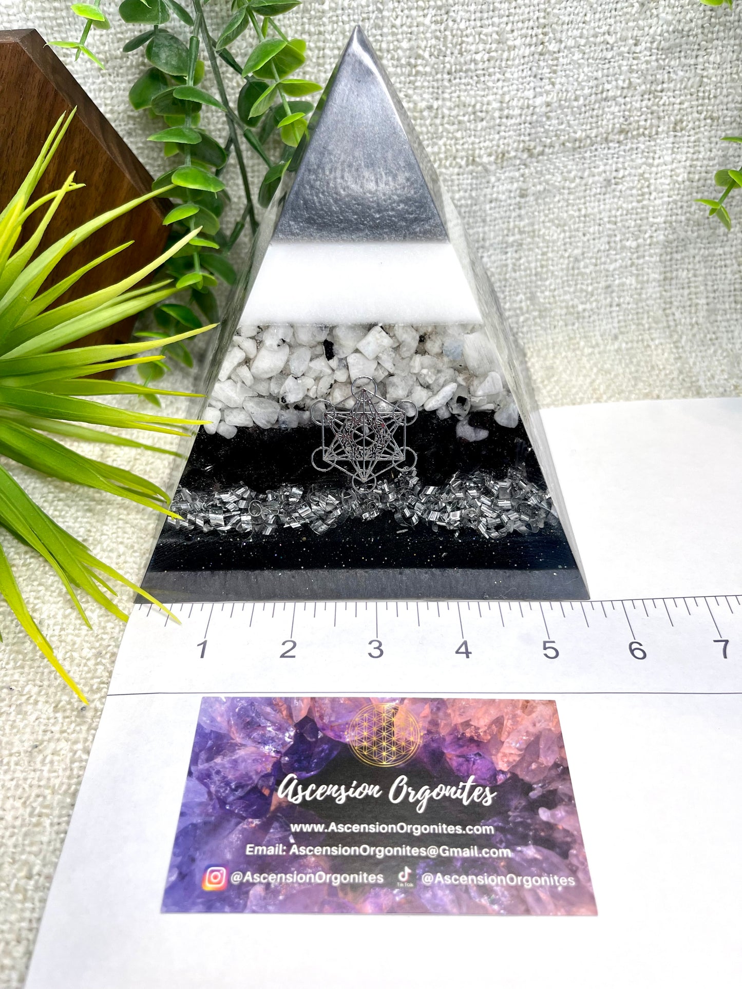 ASHLEY - Orgonite Pyramid - EMF Protector - Moonstone Crystal, Black Obsidian Crystals and Aluminum Metal