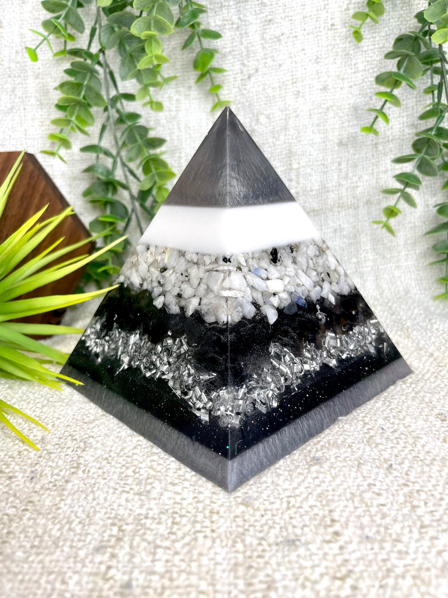 ASHLEY - Orgonite Pyramid - EMF Protector - Moonstone Crystal, Black Obsidian Crystals and Aluminum Metal