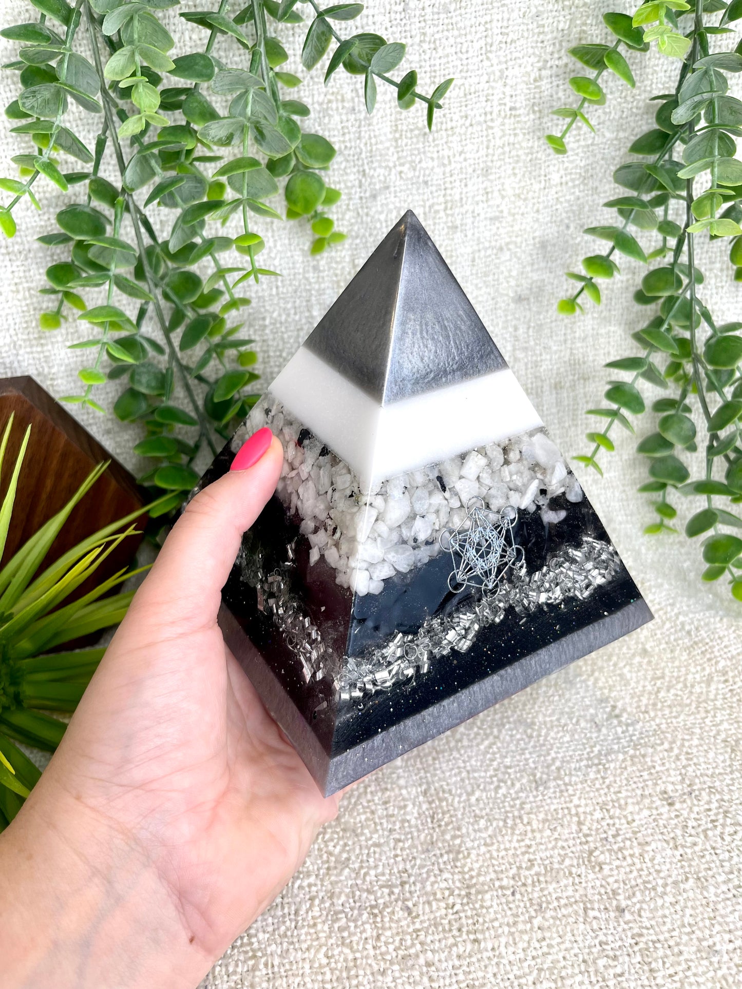 ASHLEY - Orgonite Pyramid - EMF Protector - Moonstone Crystal, Black Obsidian Crystals and Aluminum Metal