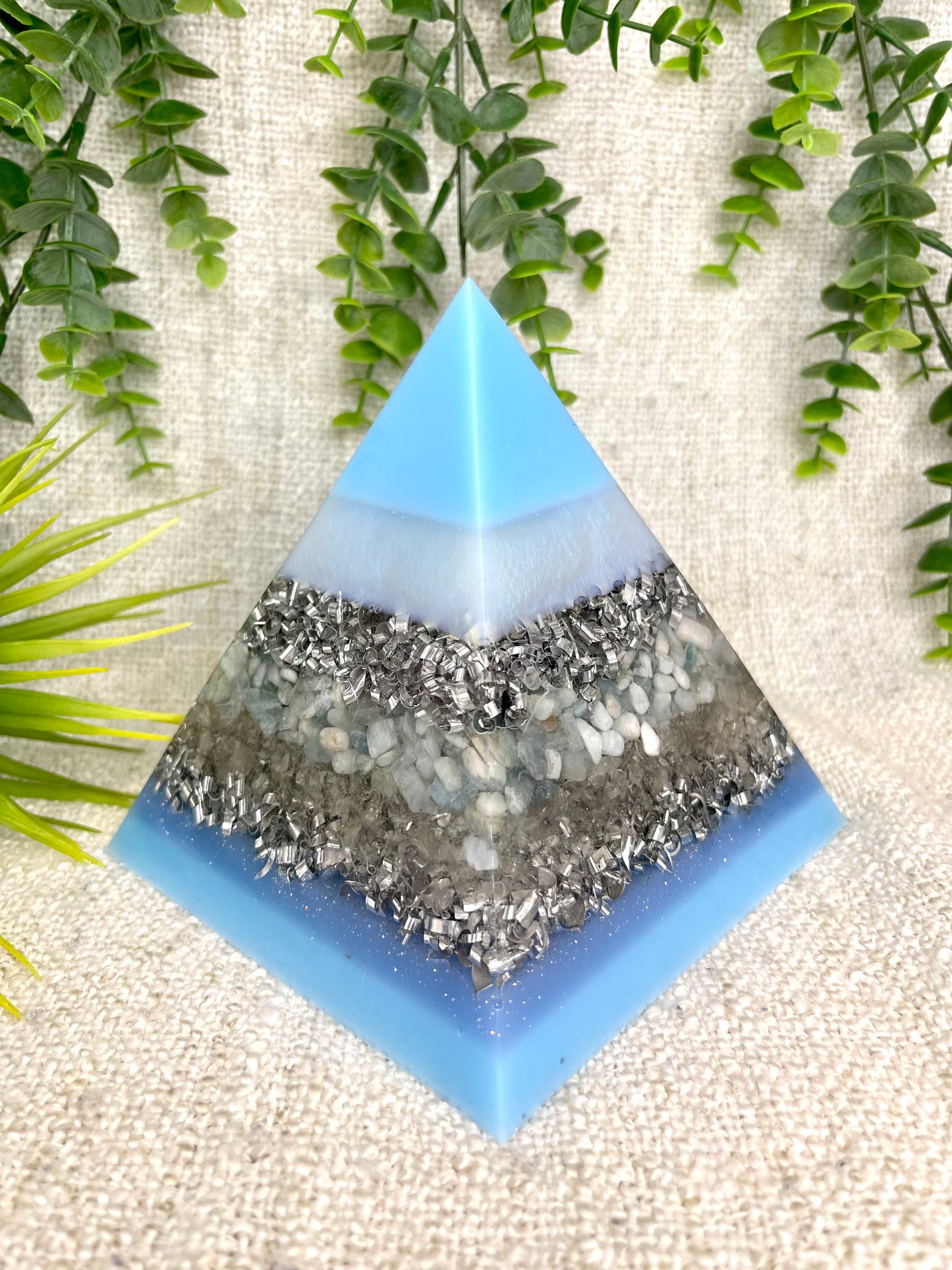 AZUL - Orgonite Pyramid - EMF Protector - Aquamarine Crystal and White Quartz with Aluminum Metal