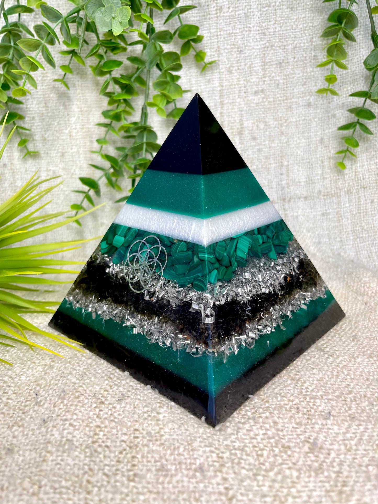 ATLAS - Orgonite Pyramid - EMF Protector - Malachite Crystal, Smoky Quartz with Aluminum Metal