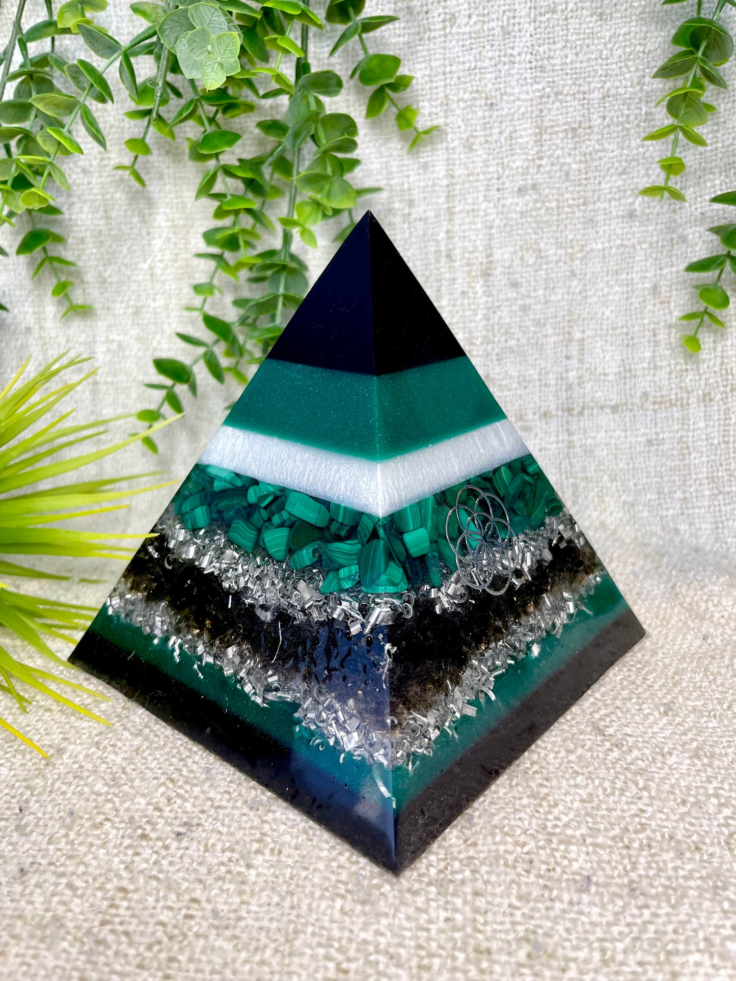 ATLAS - Orgonite Pyramid - EMF Protector - Malachite Crystal, Smoky Quartz with Aluminum Metal