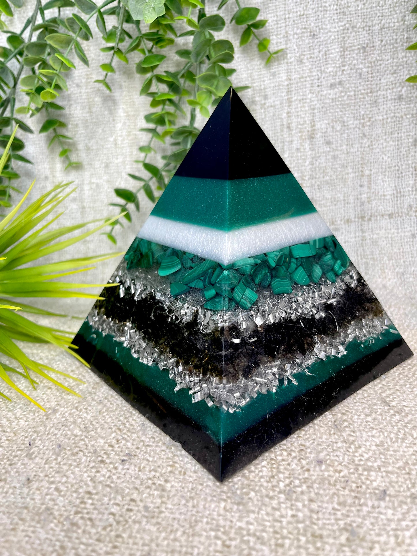 ATLAS - Orgonite Pyramid - EMF Protector - Malachite Crystal, Smoky Quartz with Aluminum Metal
