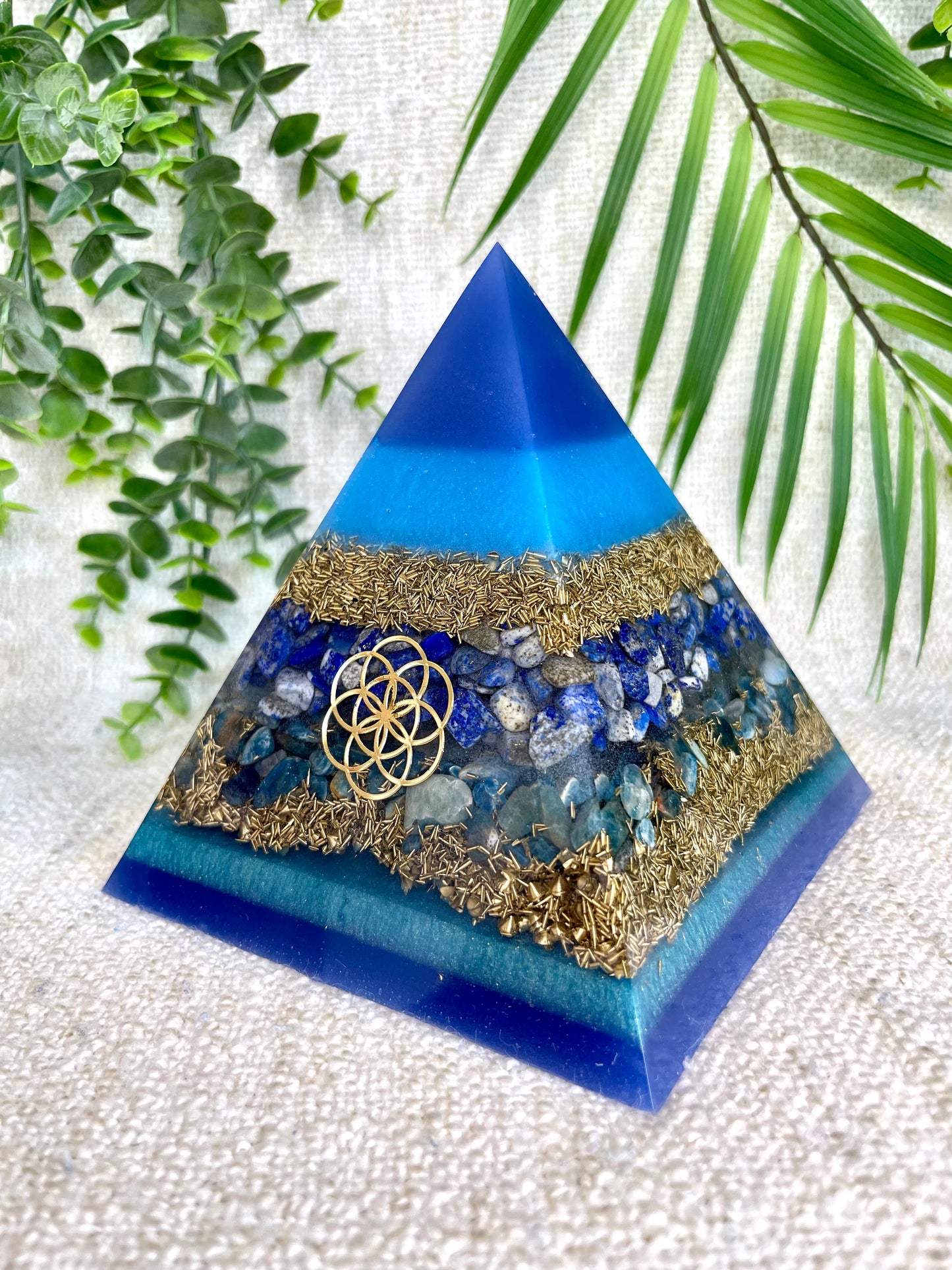SEAN - Orgonite Pyramid - EMF Protector - Lapis Lazuli and Blue Apatite with Brass Metal