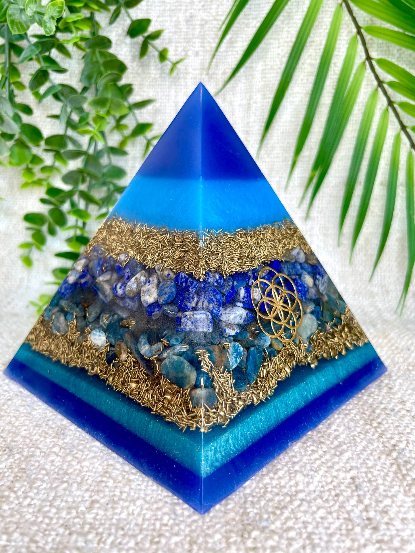 SEAN - Orgonite Pyramid - EMF Protector - Lapis Lazuli and Blue Apatite with Brass Metal