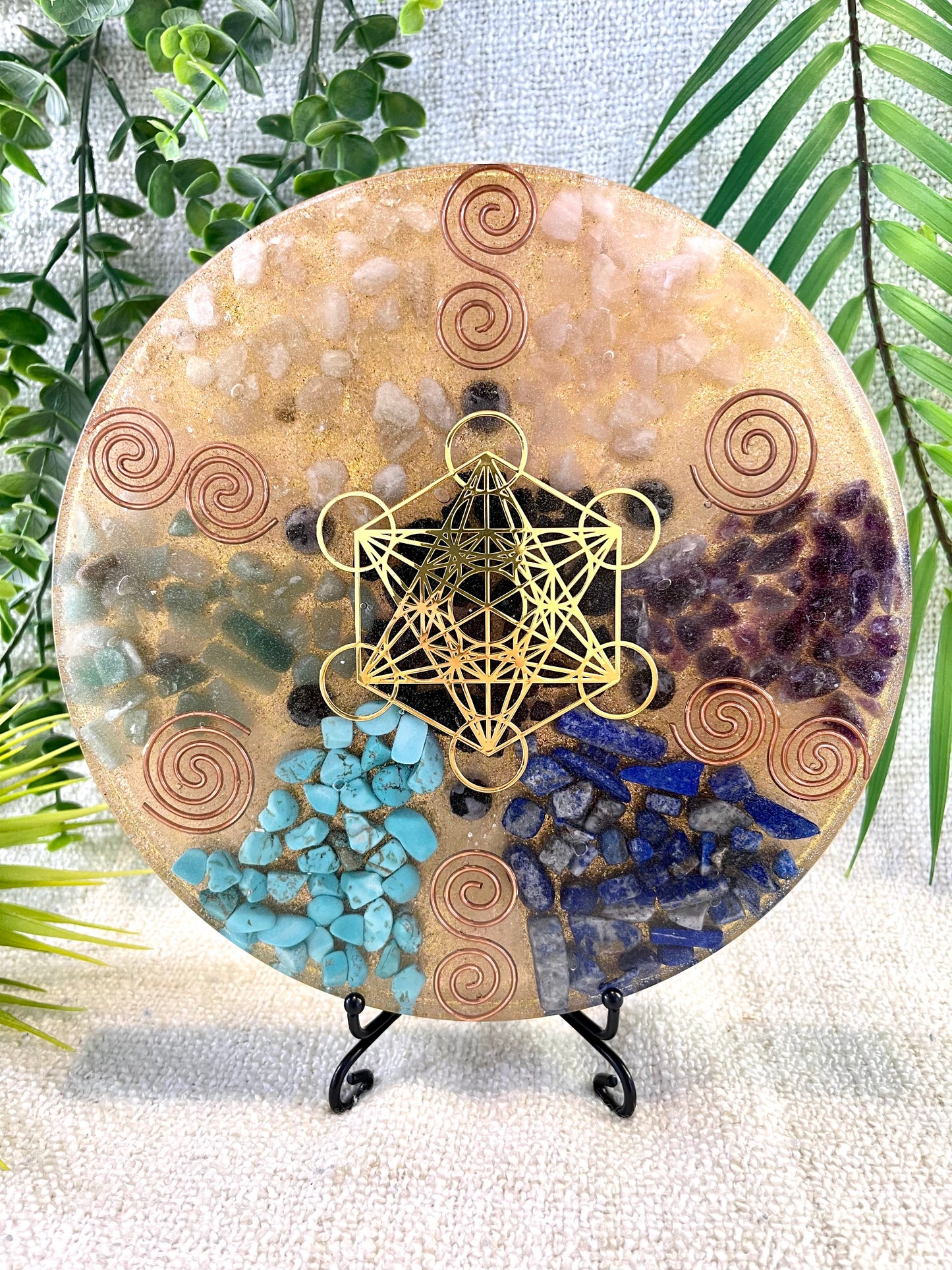 All Chakras Orgonite Charging Plate - EMF Protector - Citrine, Rose Quartz, Amethyst, Lapis Lazuli, Turquoise, Aventurine and Brass Metals