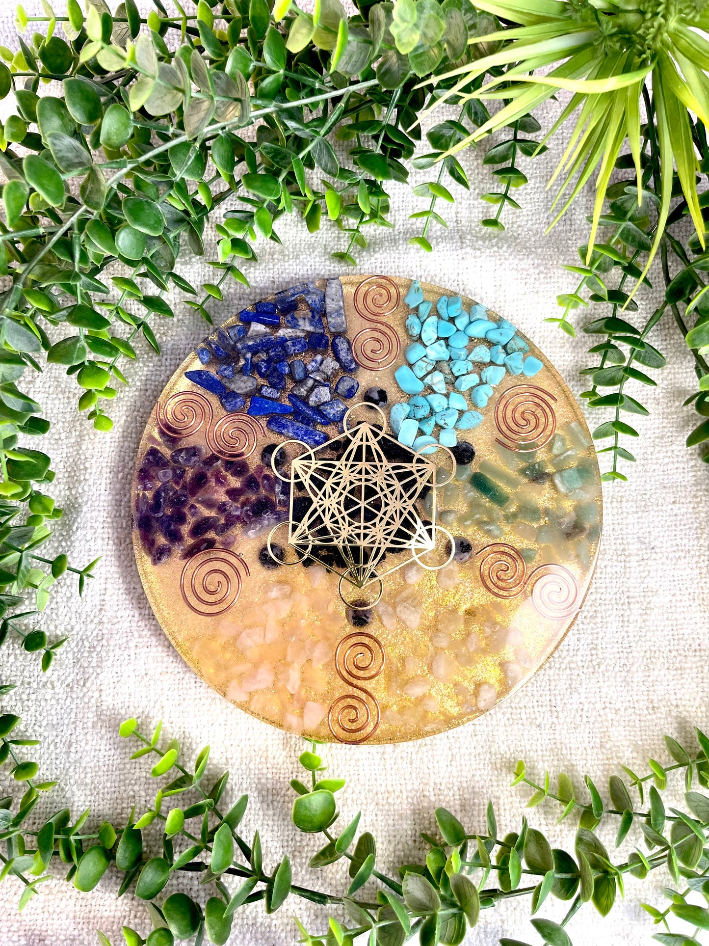 All Chakras Orgonite Charging Plate - EMF Protector - Citrine, Rose Quartz, Amethyst, Lapis Lazuli, Turquoise, Aventurine and Brass Metals