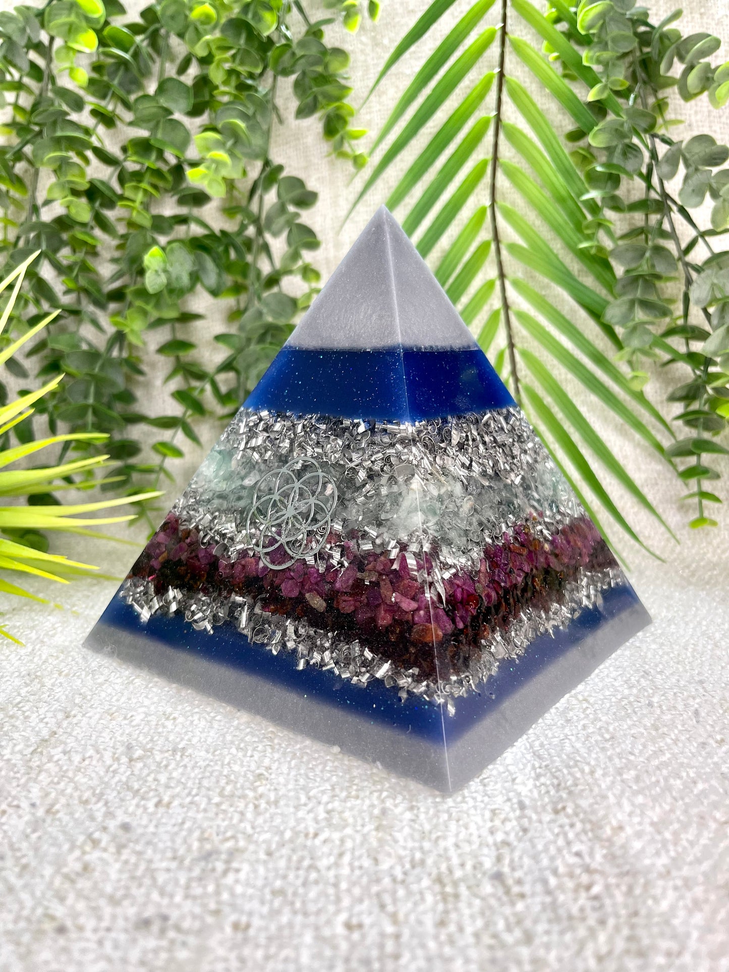 CAPRICORN- Astrology Edition - Orgonite Pyramid - EMF Protector - Green Fluorite, Garnet, Ruby with Aluminum Metal