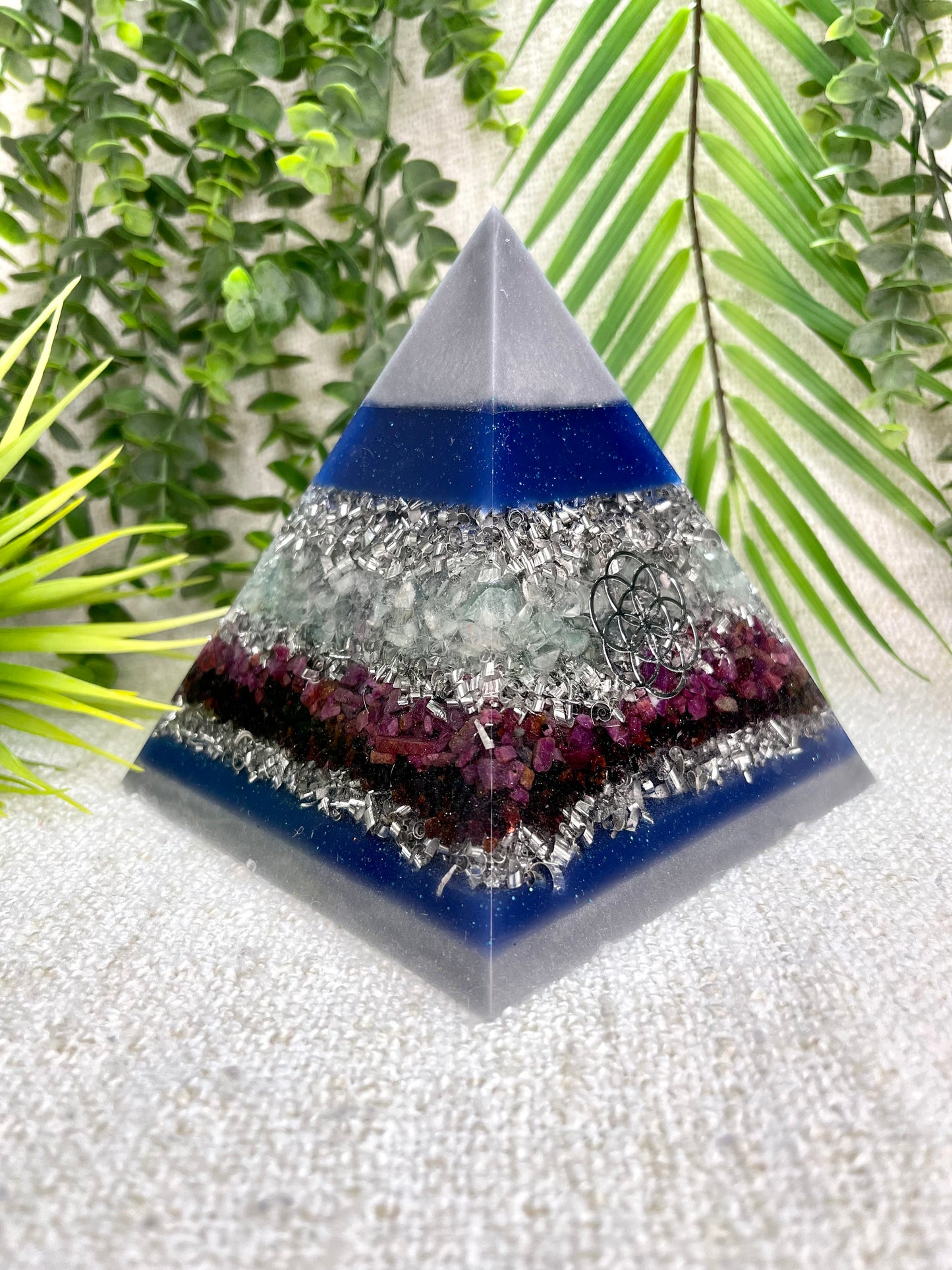 CAPRICORN- Astrology Edition - Orgonite Pyramid - EMF Protector - Green Fluorite, Garnet, Ruby with Aluminum Metal