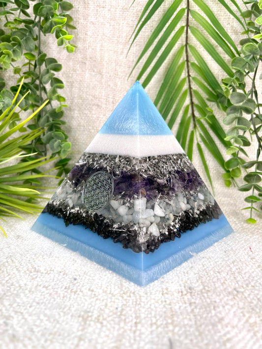AQUARIUS - Astrology Edition - Orgonite Pyramid - EMF Protector - Amethyst, Aquamarine and Hematite with Aluminum Metal