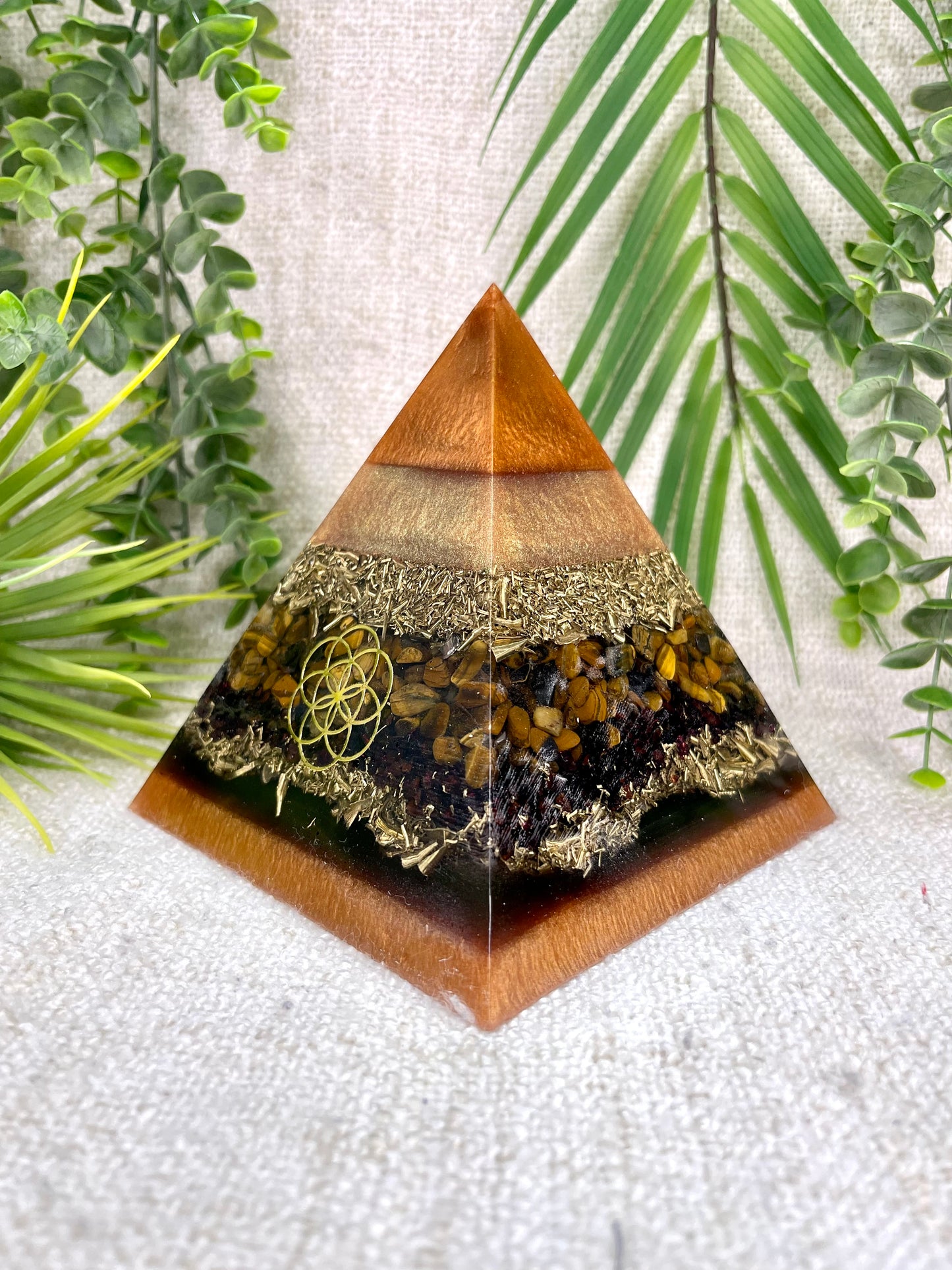 ETHAN - Orgonite Pyramid - EMF Protector - Tiger's Eye, Garnet and Brass Metals