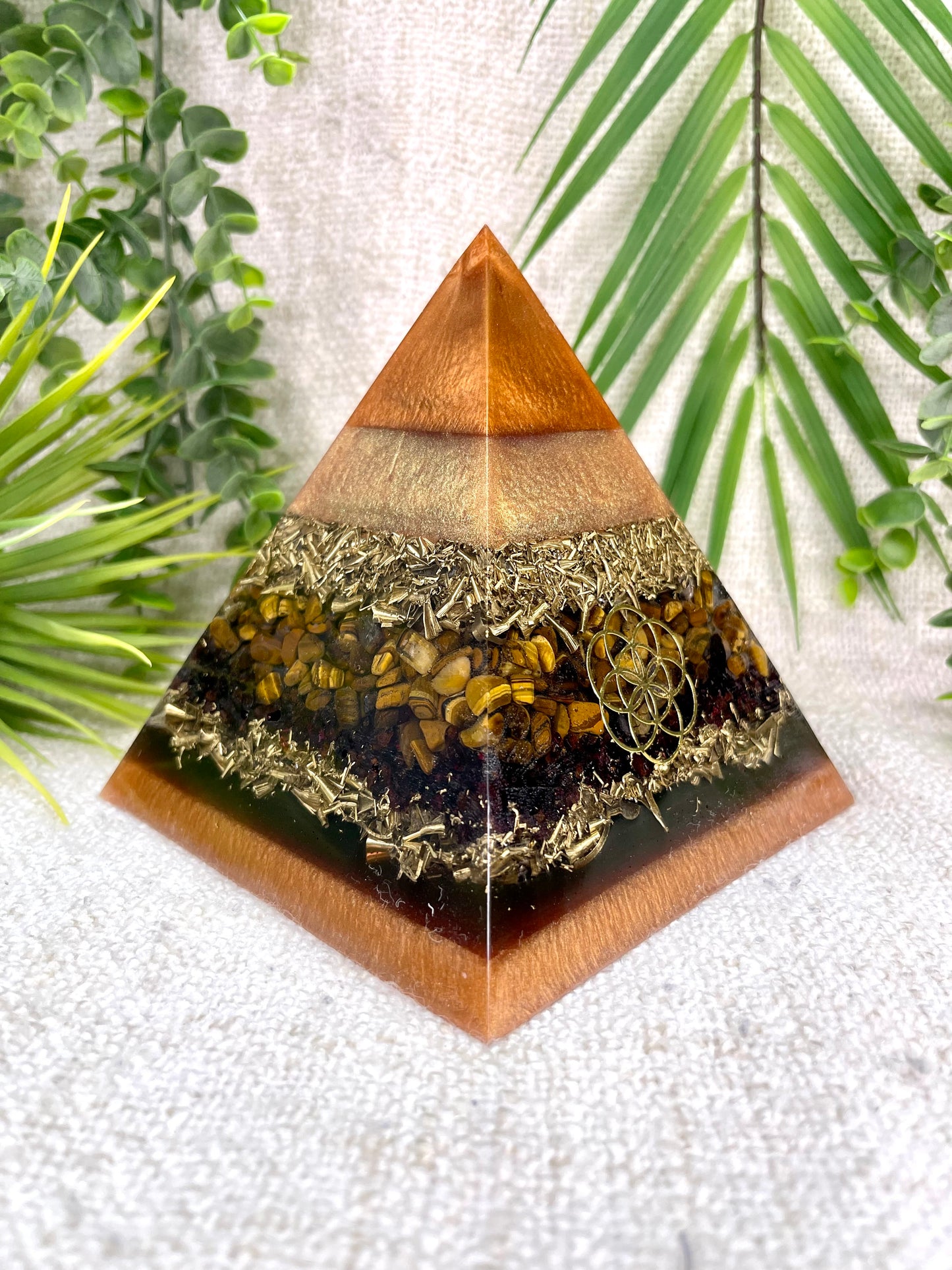 ETHAN - Orgonite Pyramid - EMF Protector - Tiger's Eye, Garnet and Brass Metals