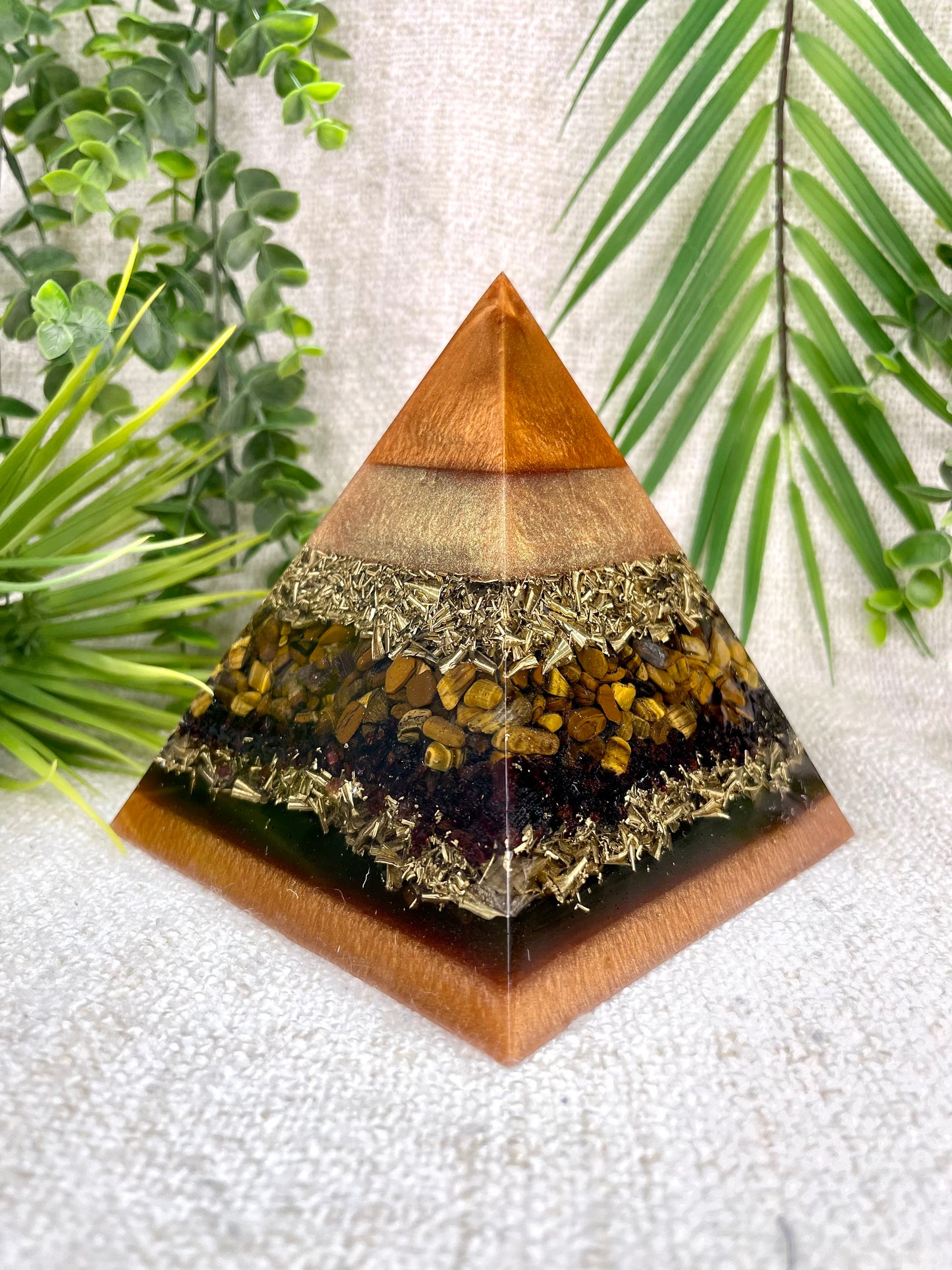 ETHAN - Orgonite Pyramid - EMF Protector - Tiger's Eye, Garnet and Brass Metals