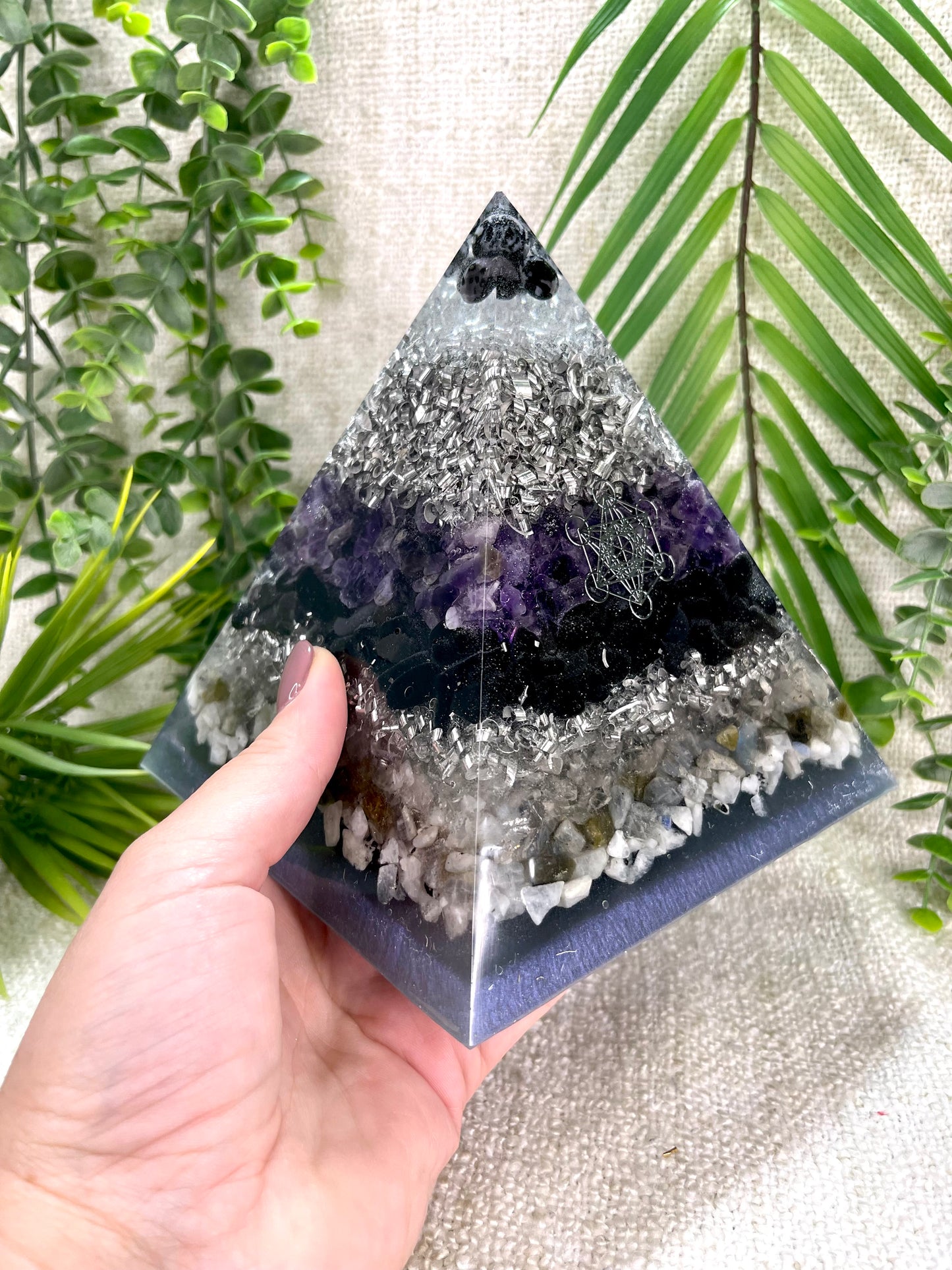 SANDRA - Orgonite Pyramid - EMF Protector - Amethyst, White Quartz, Merlinite, Black Obsidian, Labradorite and Moonstone with Aluminum Metals