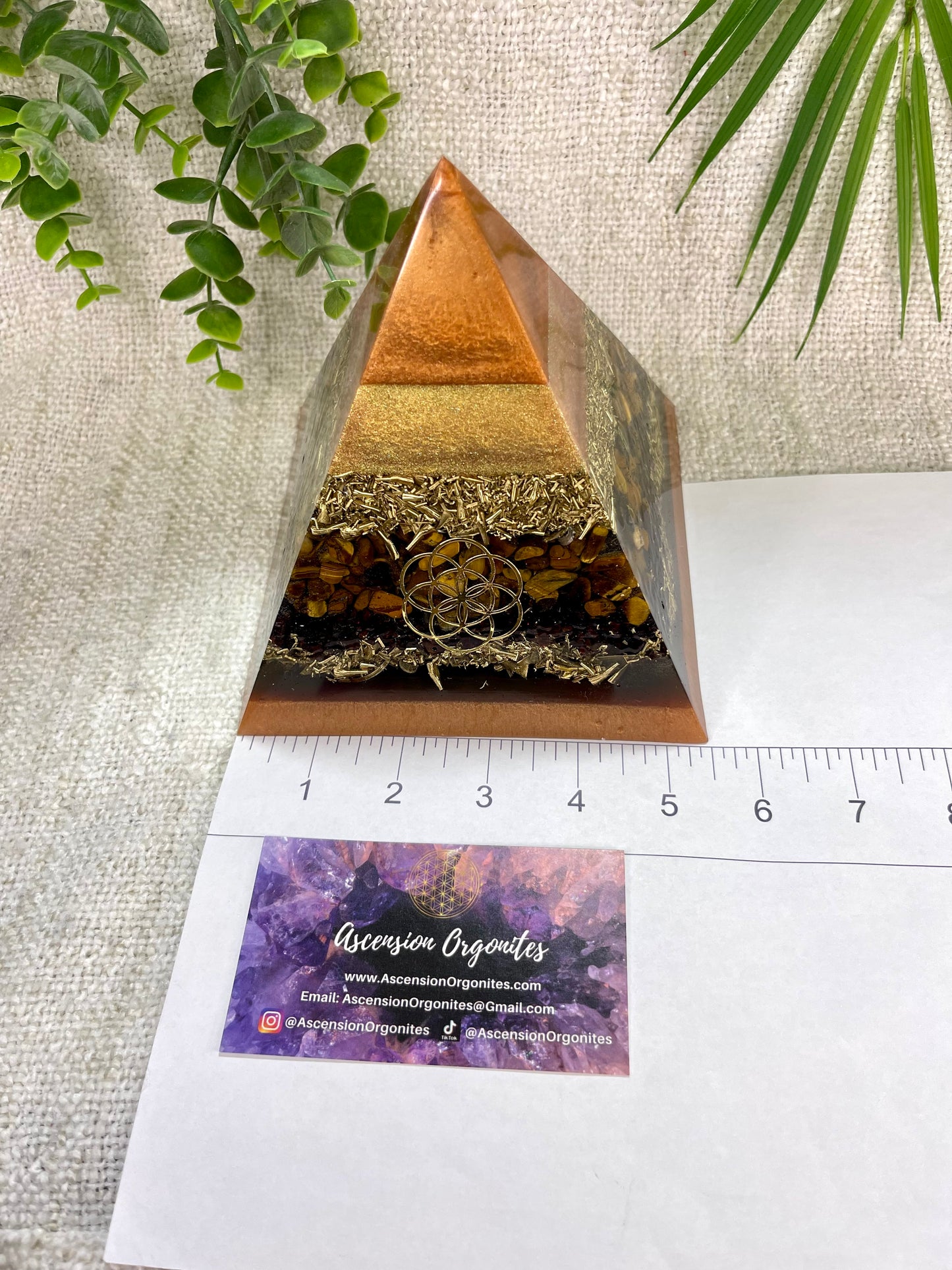 ETHAN - Orgonite Pyramid - EMF Protector - Tiger's Eye, Garnet and Brass Metals