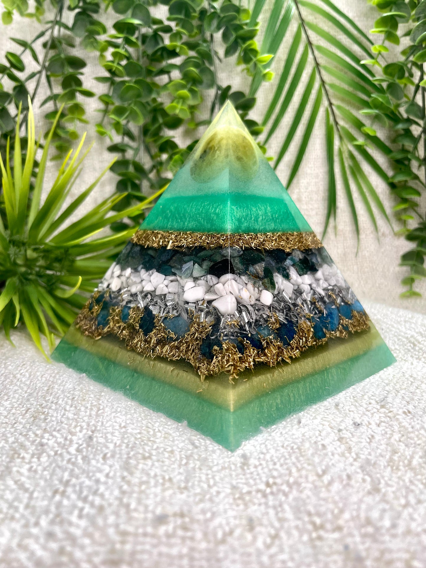 GEMINI - Astrology Edition - Orgonite Pyramid - EMF Protector - Serpentine, Moss Agate, Howlite, Blue Apatite, Brass and Aluminum Metals