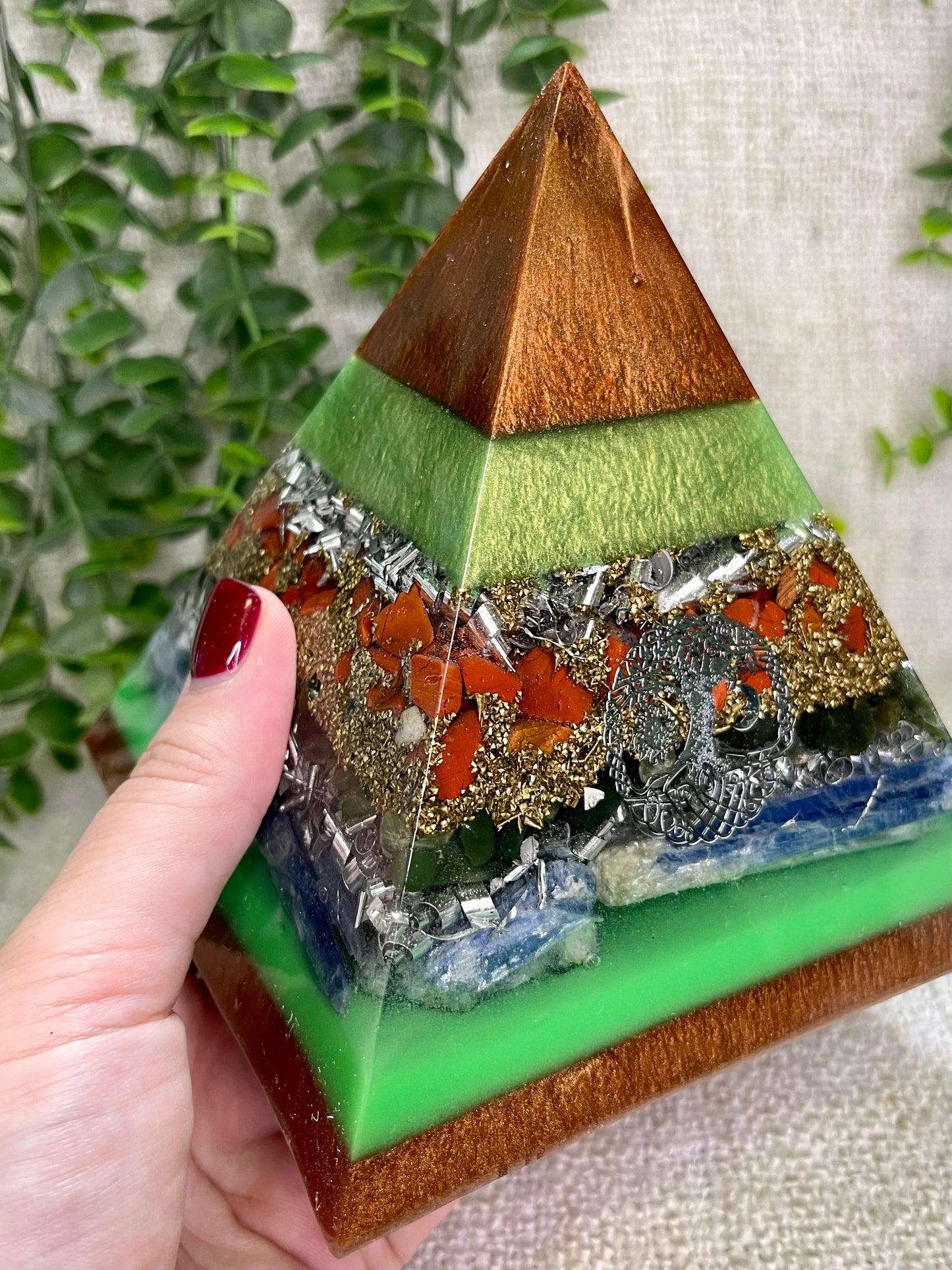 VIRGO - Astrology Edition - Orgonite Pyramid - EMF Protector - Red Jasper, Green Jade, Blue Kyanite, Brass and Aluminum Metals