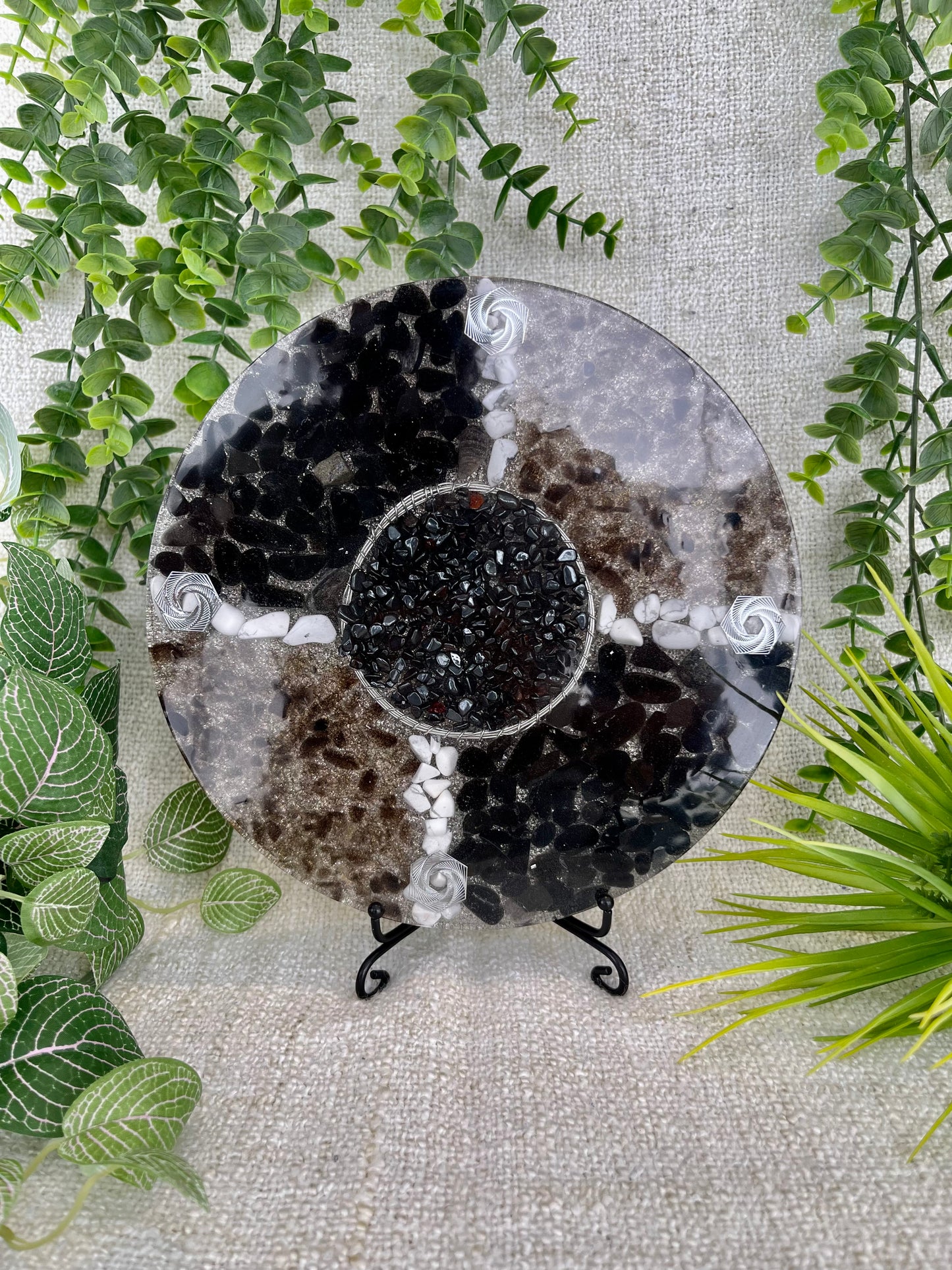 Strength and Protection Orgonite Charging Plate - EMF Protector - Black Obsidian, Black Tourmaline, Smoky Quartz, Howlite, Hematite and Aluminium Metals