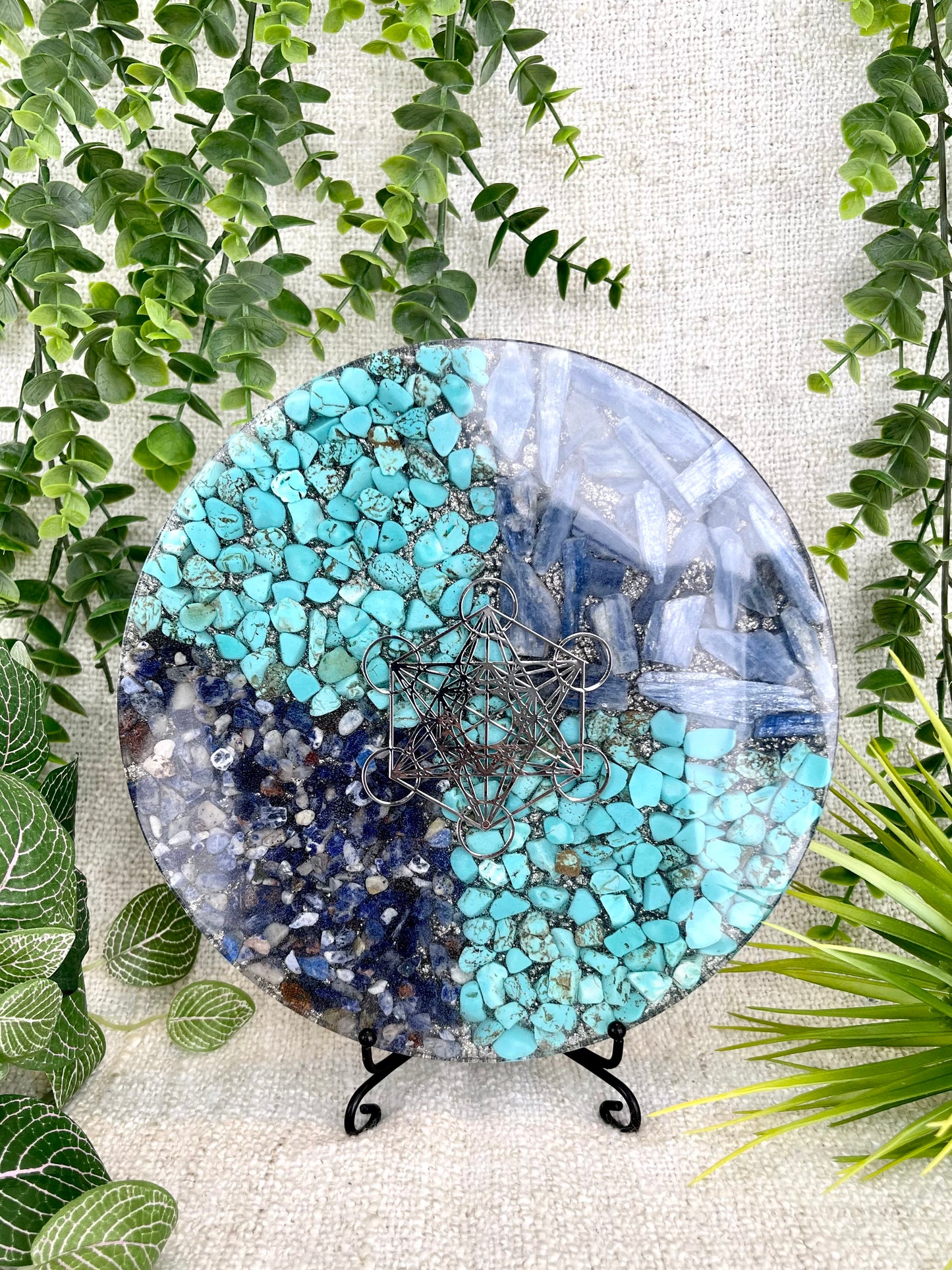 Peace and Calm Orgonite Charging Plate - EMF Protector - Turquoise, Sodalite, Blue Kyanite Aluminum Metals