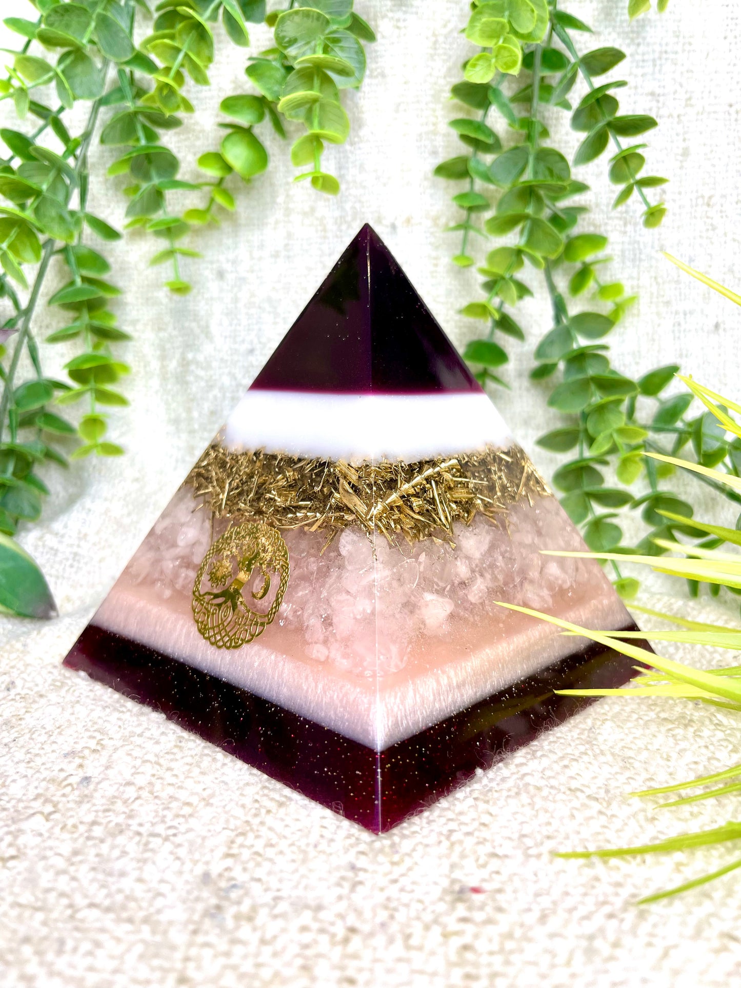 FREYA - Orgonite Pyramid - EMF Protector - Rose Quartz and Brass Metal