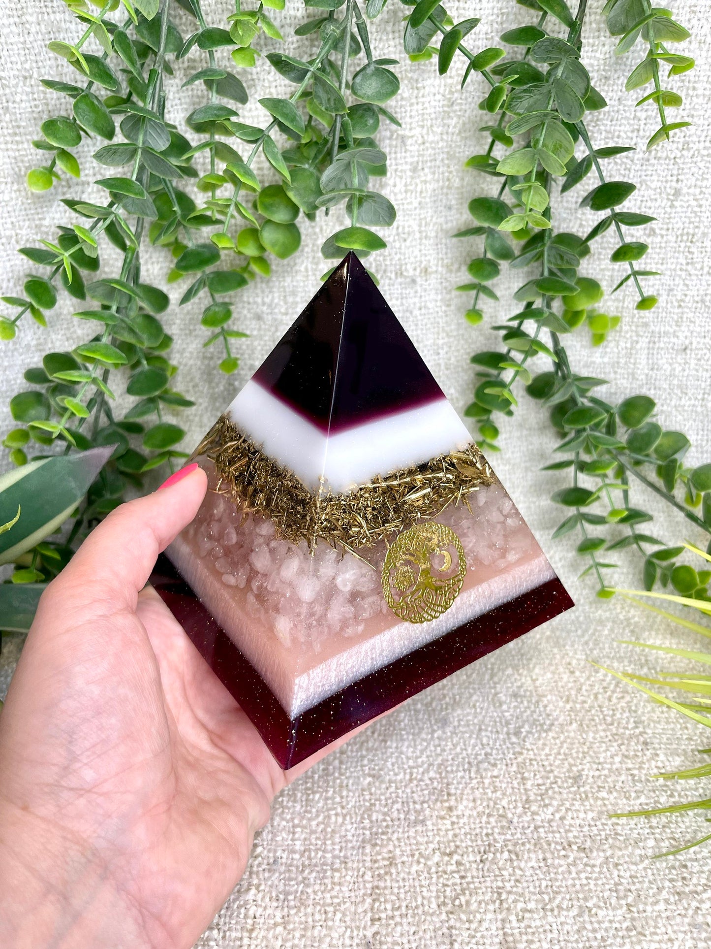 FREYA - Orgonite Pyramid - EMF Protector - Rose Quartz and Brass Metal