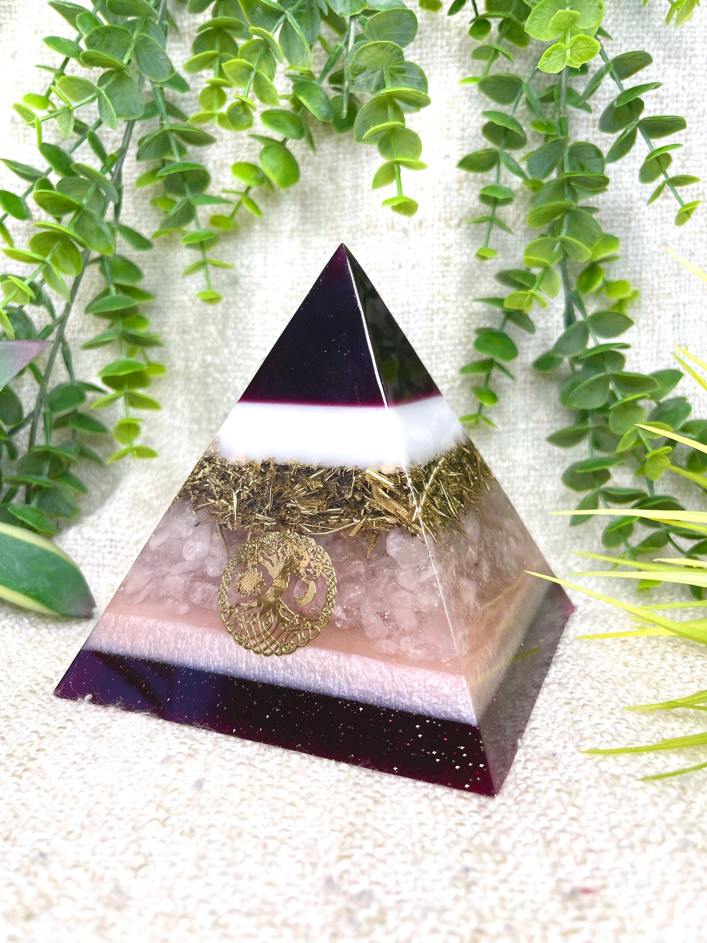 FREYA - Orgonite Pyramid - EMF Protector - Rose Quartz and Brass Metal