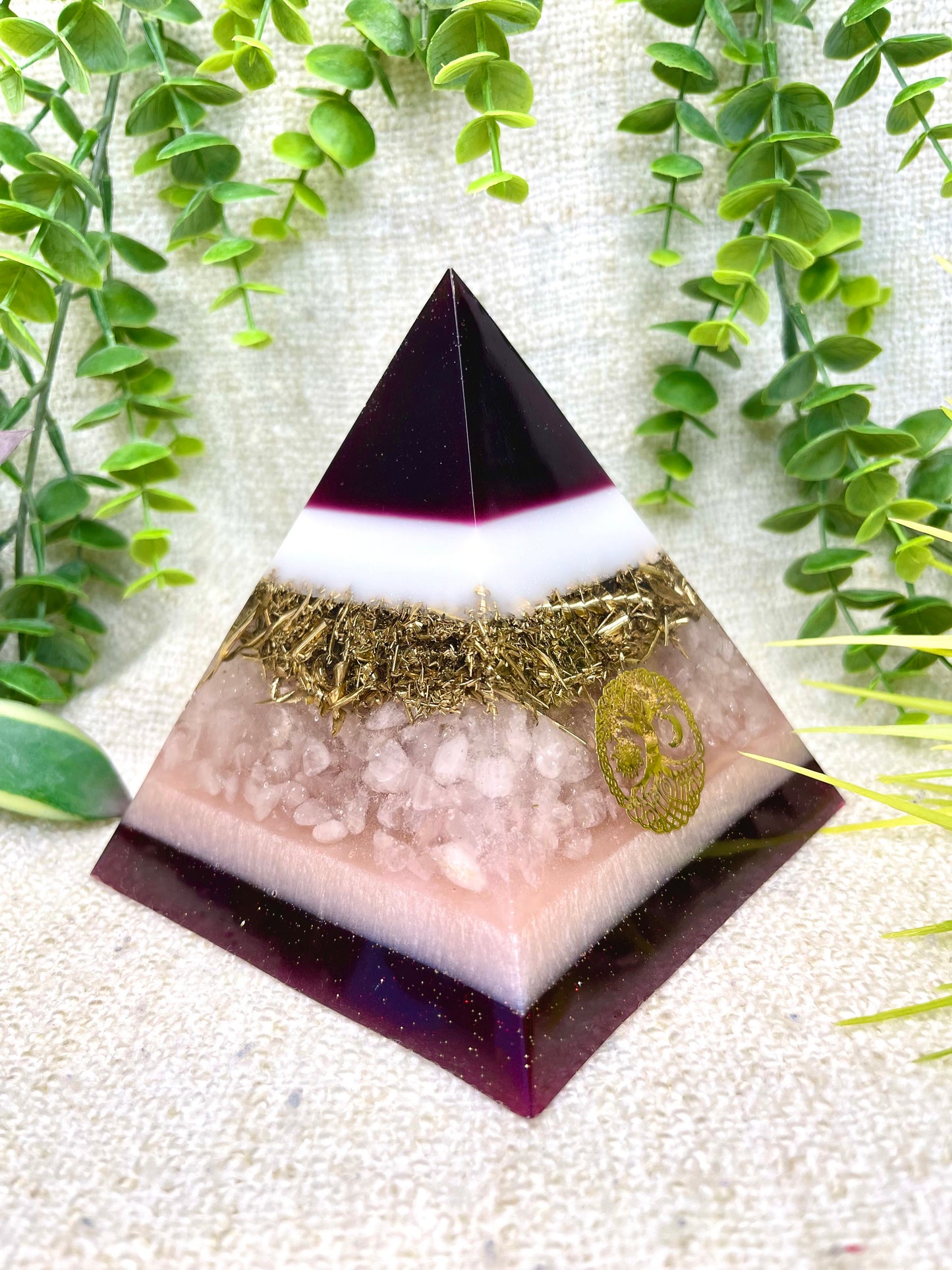 FREYA - Orgonite Pyramid - EMF Protector - Rose Quartz and Brass Metal