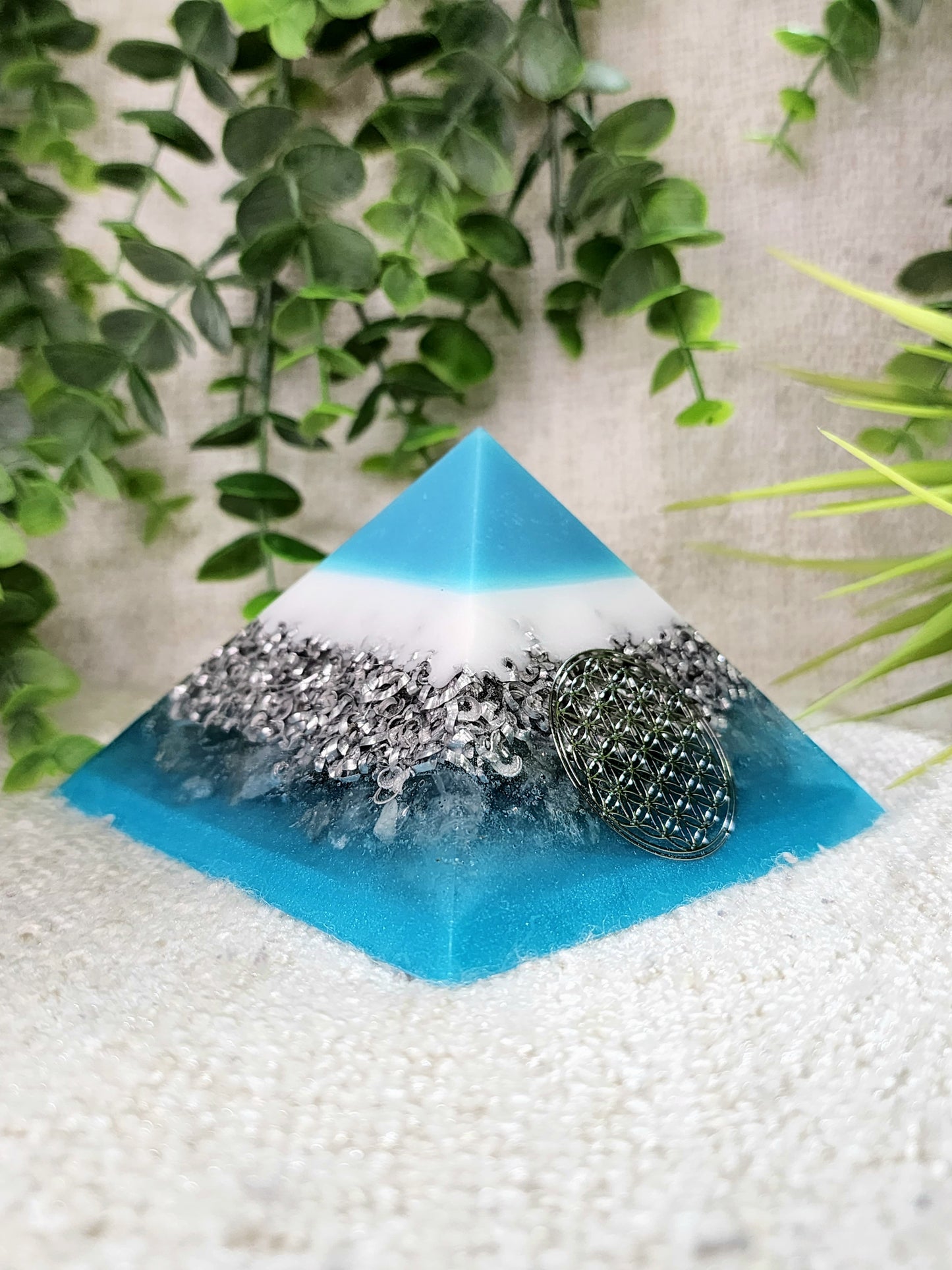 CYAN - Orgonite Pyramid - EMF Protector - White Quartz and Aluminum Metal
