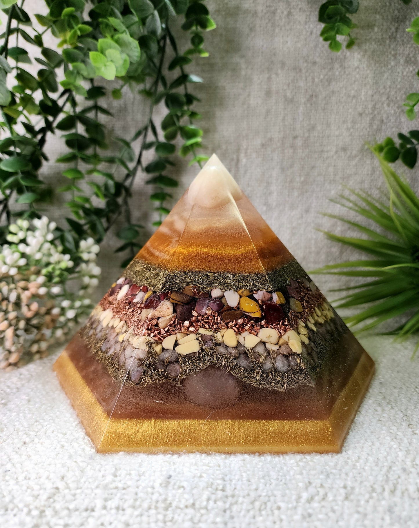 SUMMER SOLSTICE - Special Edition Hexagonal Pyramid! - EMF Protector - Orange Calcite, Mookaite, Yellow Aventurine, Sunstone and Orange Selenite, with Brass and Copper Metals