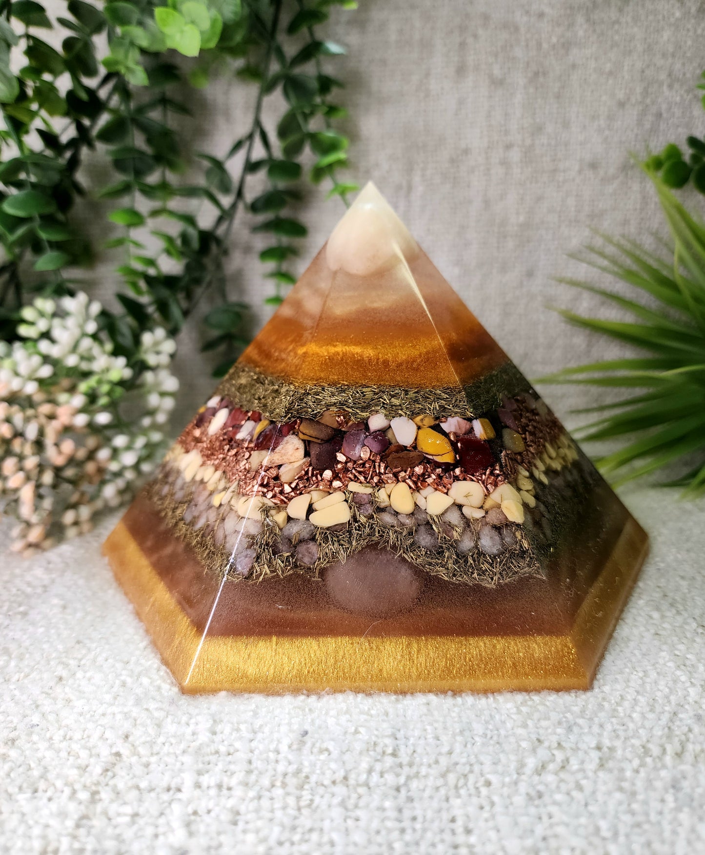 SUMMER SOLSTICE - Special Edition Hexagonal Pyramid! - EMF Protector - Orange Calcite, Mookaite, Yellow Aventurine, Sunstone and Orange Selenite, with Brass and Copper Metals