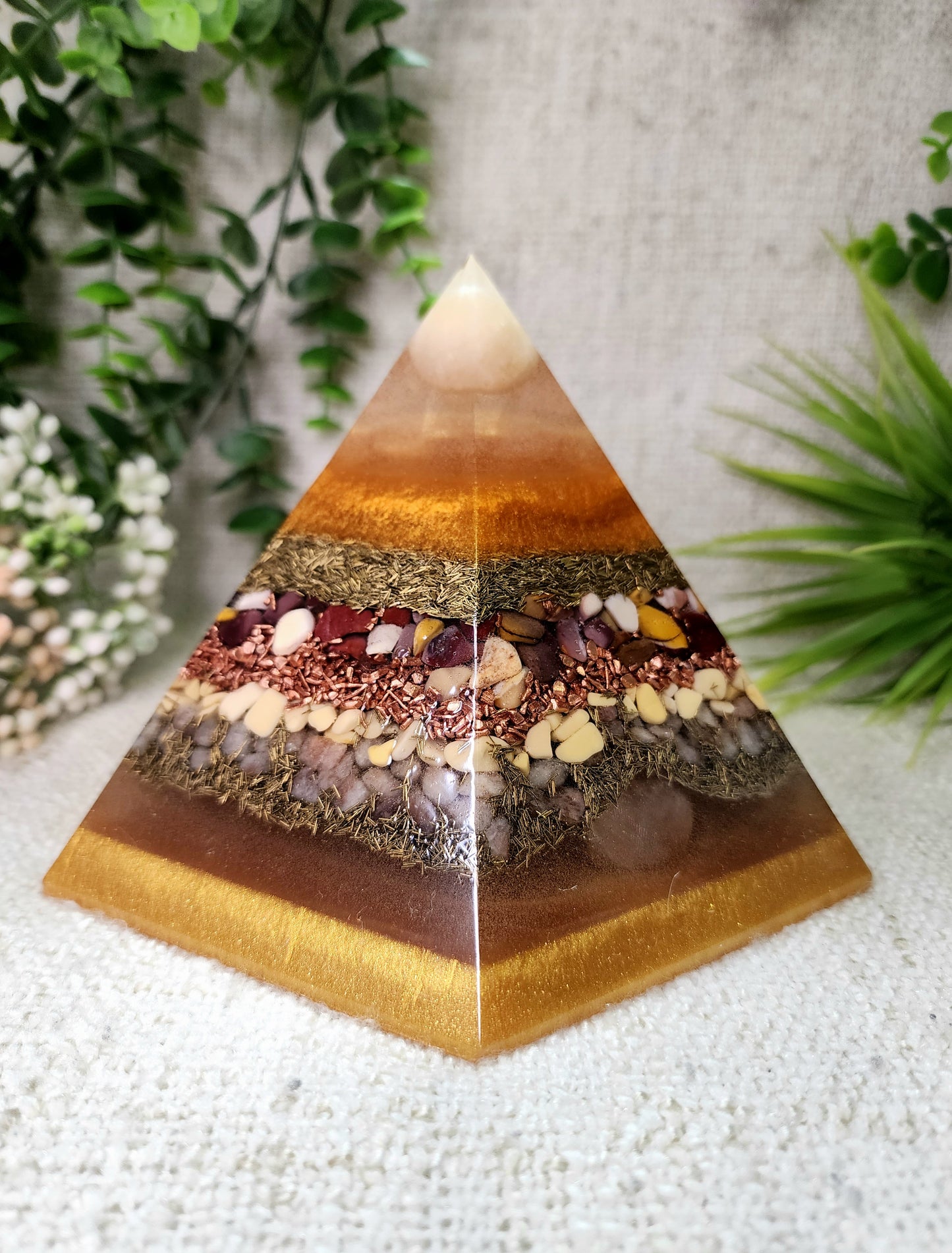 SUMMER SOLSTICE - Special Edition Hexagonal Pyramid! - EMF Protector - Orange Calcite, Mookaite, Yellow Aventurine, Sunstone and Orange Selenite, with Brass and Copper Metals