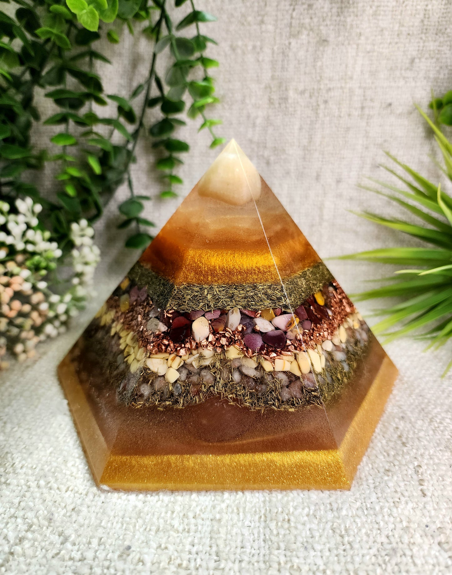 SUMMER SOLSTICE - Special Edition Hexagonal Pyramid! - EMF Protector - Orange Calcite, Mookaite, Yellow Aventurine, Sunstone and Orange Selenite, with Brass and Copper Metals