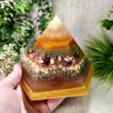 SUMMER SOLSTICE - Special Edition Hexagonal Pyramid! - EMF Protector - Orange Calcite, Mookaite, Yellow Aventurine, Sunstone and Orange Selenite, with Brass and Copper Metals