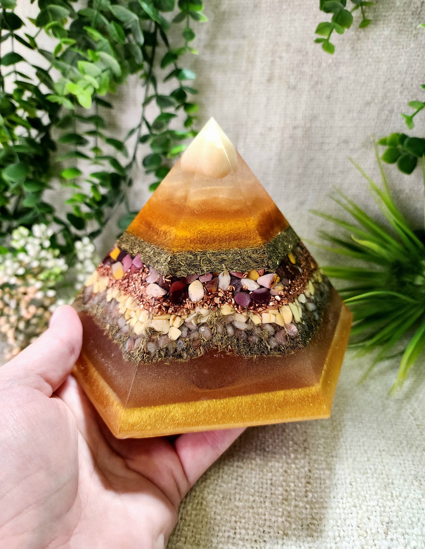 SUMMER SOLSTICE - Special Edition Hexagonal Pyramid! - EMF Protector - Orange Calcite, Mookaite, Yellow Aventurine, Sunstone and Orange Selenite, with Brass and Copper Metals