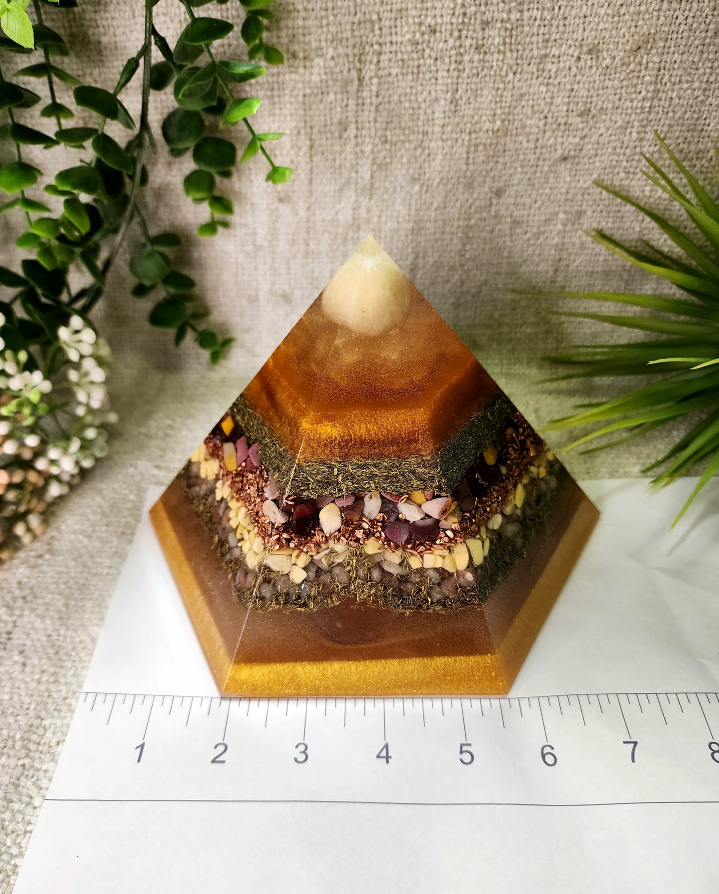 SUMMER SOLSTICE - Special Edition Hexagonal Pyramid! - EMF Protector - Orange Calcite, Mookaite, Yellow Aventurine, Sunstone and Orange Selenite, with Brass and Copper Metals