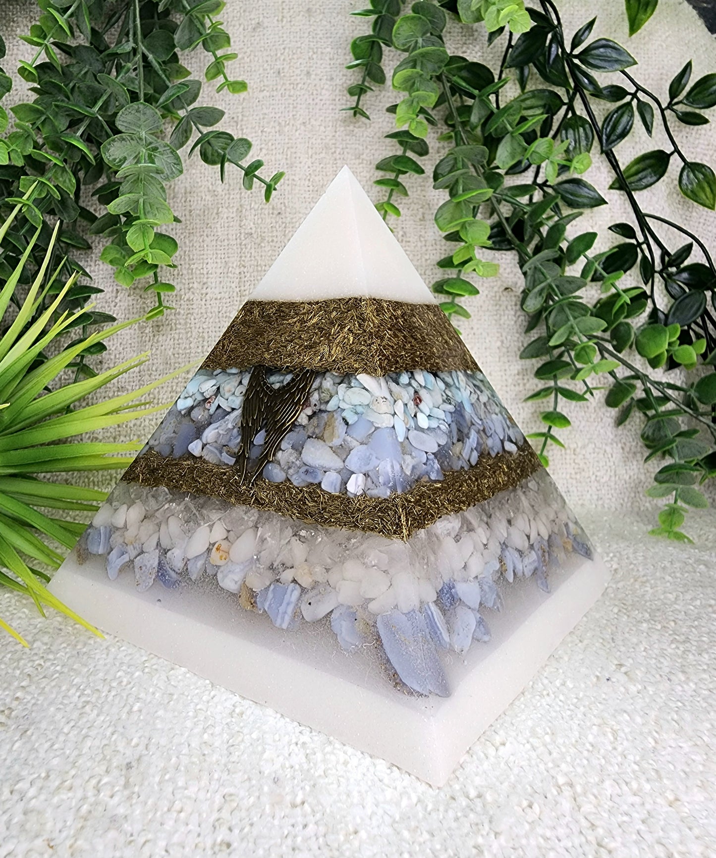 GABRIEL- Orgonite Pyramid - EMF Protector - Larimar, Blue Lace Agate, White Quartz, White Milky Quartz, Blue Chalcedony and Brass Metal