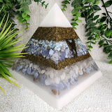 GABRIEL- Orgonite Pyramid - EMF Protector - Larimar, Blue Lace Agate, White Quartz, White Milky Quartz, Blue Chalcedony and Brass Metal
