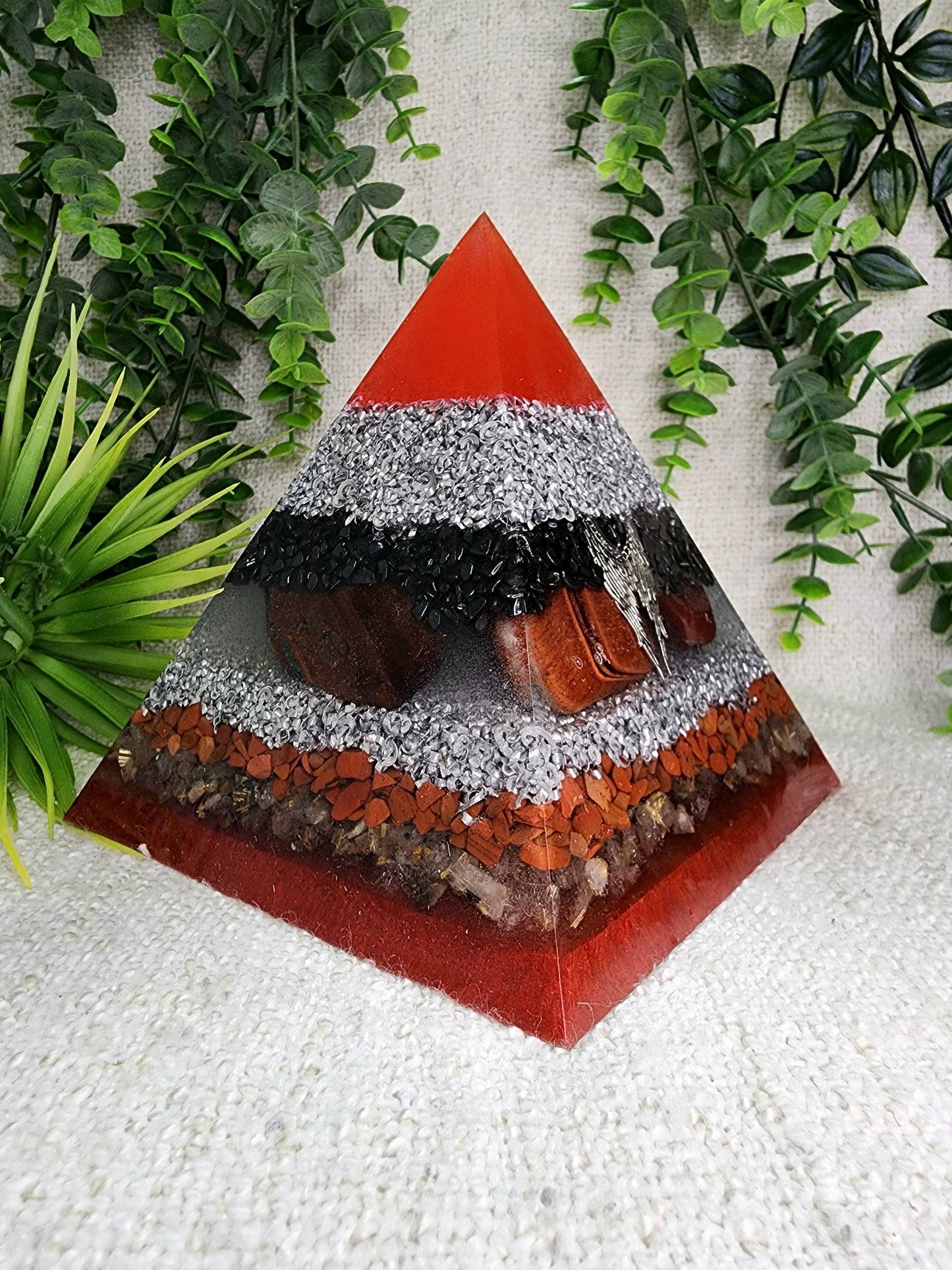 ARCHANGEL URIEL- Orgonite Pyramid - EMF Protector - Hematite, Red Tiger's Eye, Red Jasper, Rutilated Quartz and Aluminum Metals
