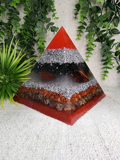 URIEL- Orgonite Pyramid - EMF Protector - Hematite, Red Tiger's Eye, Red Jasper, Rutilated Quartz and Aluminum Metals