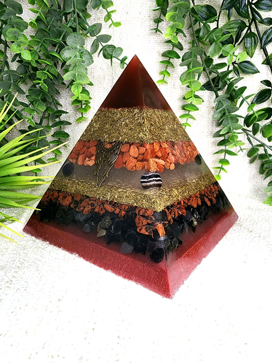 METATRON - Orgonite Pyramid - EMF Protector - Red Gold Stone, Sardonyx, Mahogany Obsidian and Black Obsidian with Brass Metals